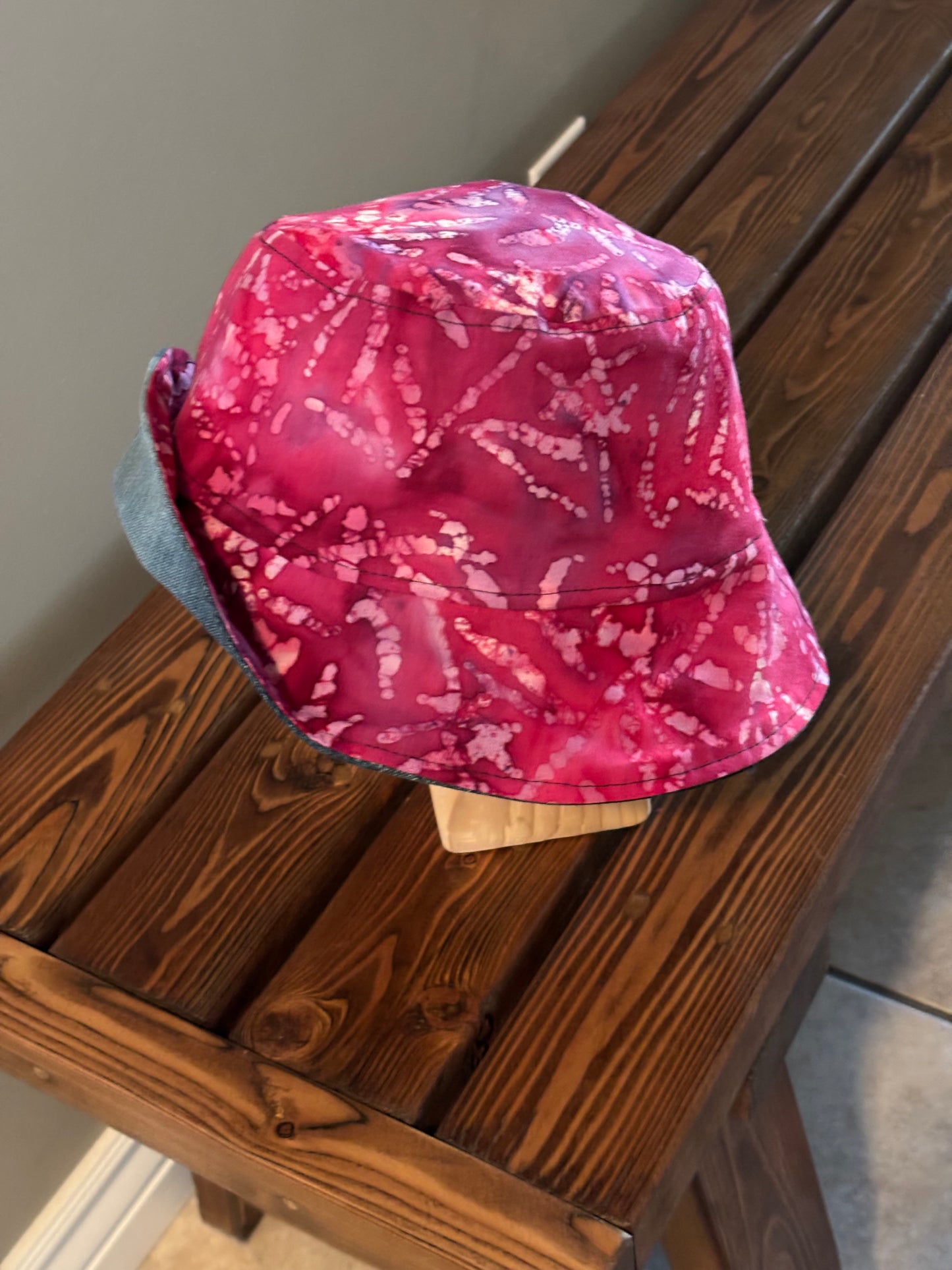 Revesible Upcycled Denim Bucket Hat with Hot Pink Batik Lining