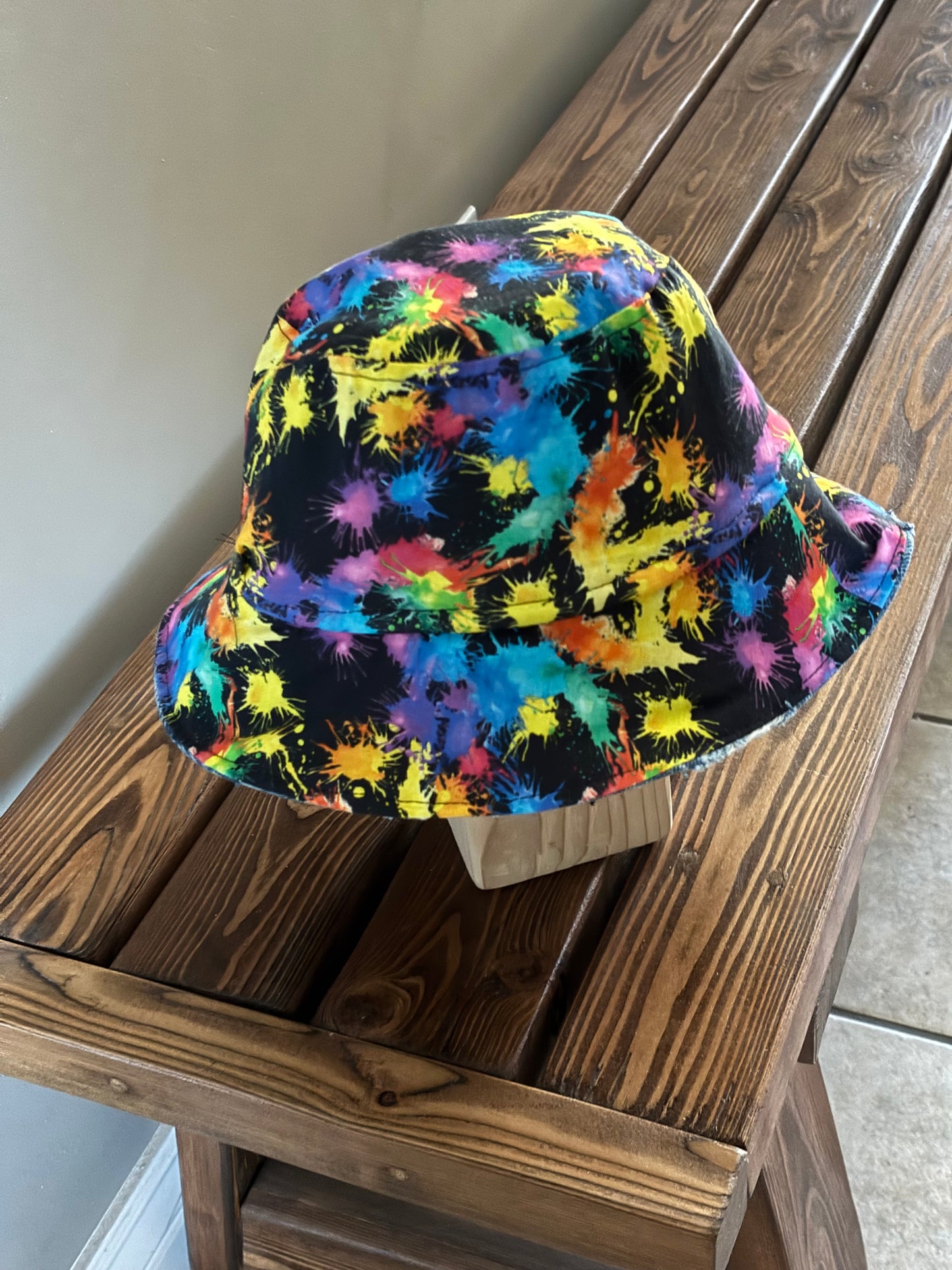 Revesible Upcycled Denim Bucket Hat with Splatter Paint Cotton Lining