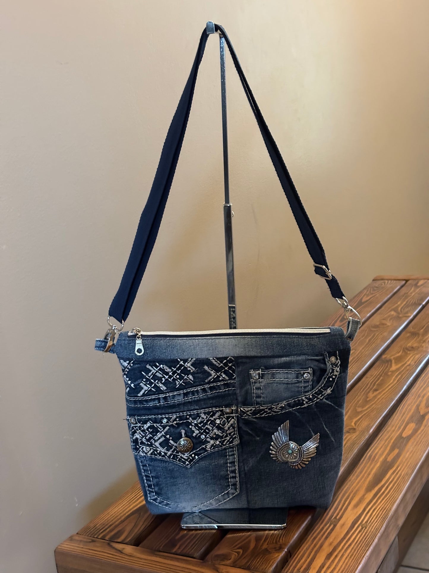 Fancy Denim Jeans Upcycled Shoulder Crossbody Handbag