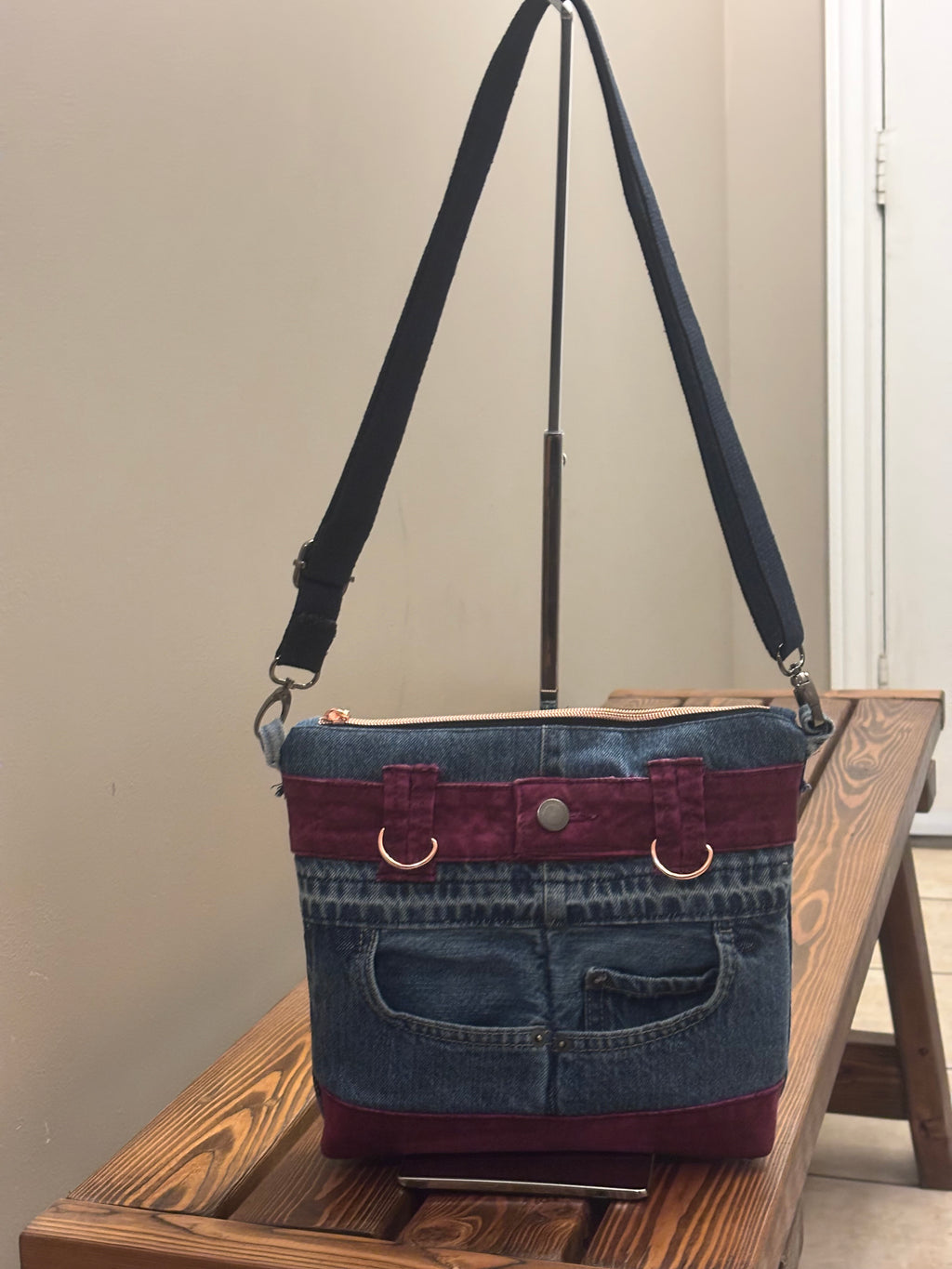 Denim Upcycled Jeans Crossbody Bag with Rose Gold Hardware
