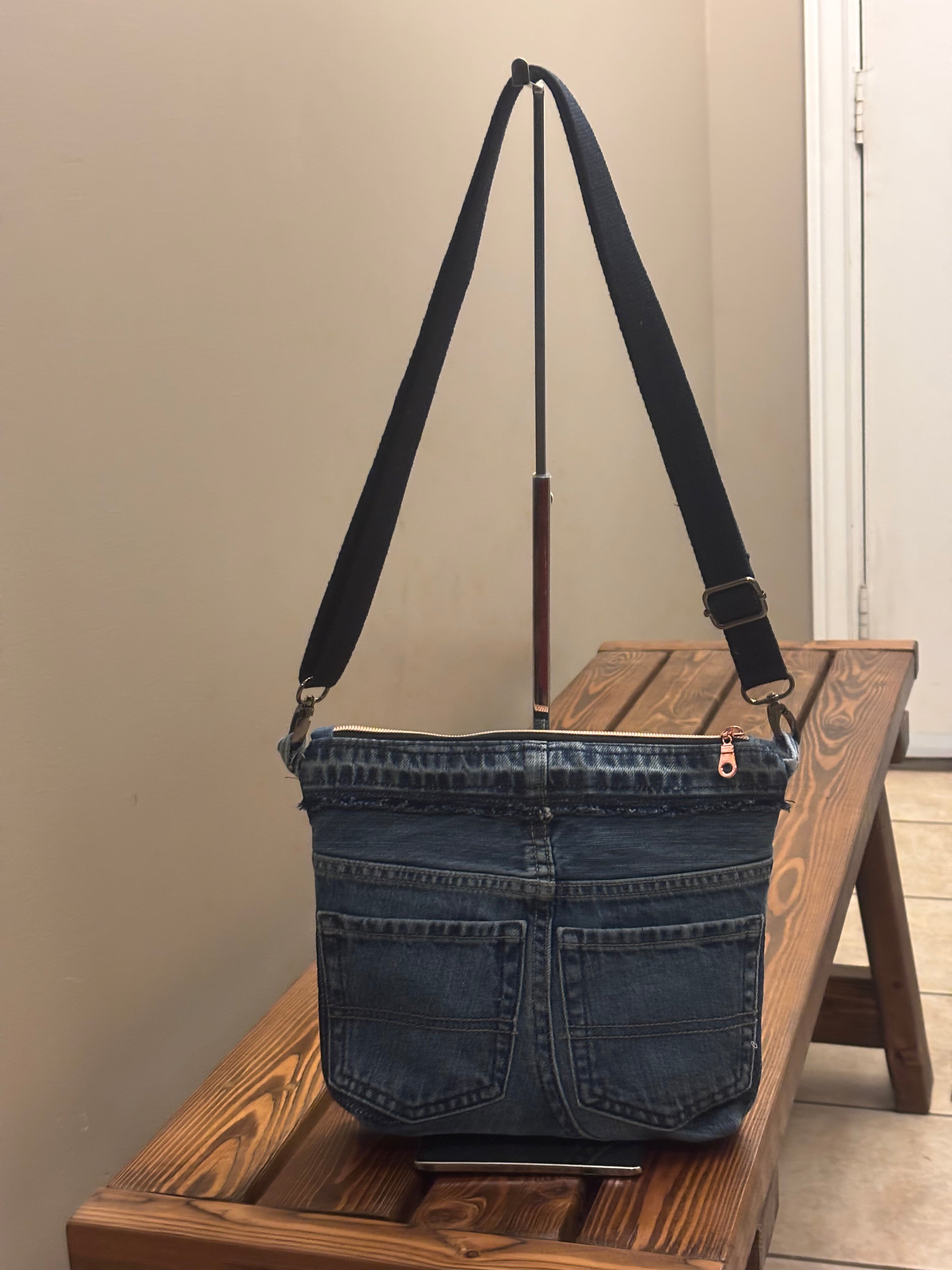 Denim Upcycled Jeans Crossbody Bag with Rose Gold Hardware