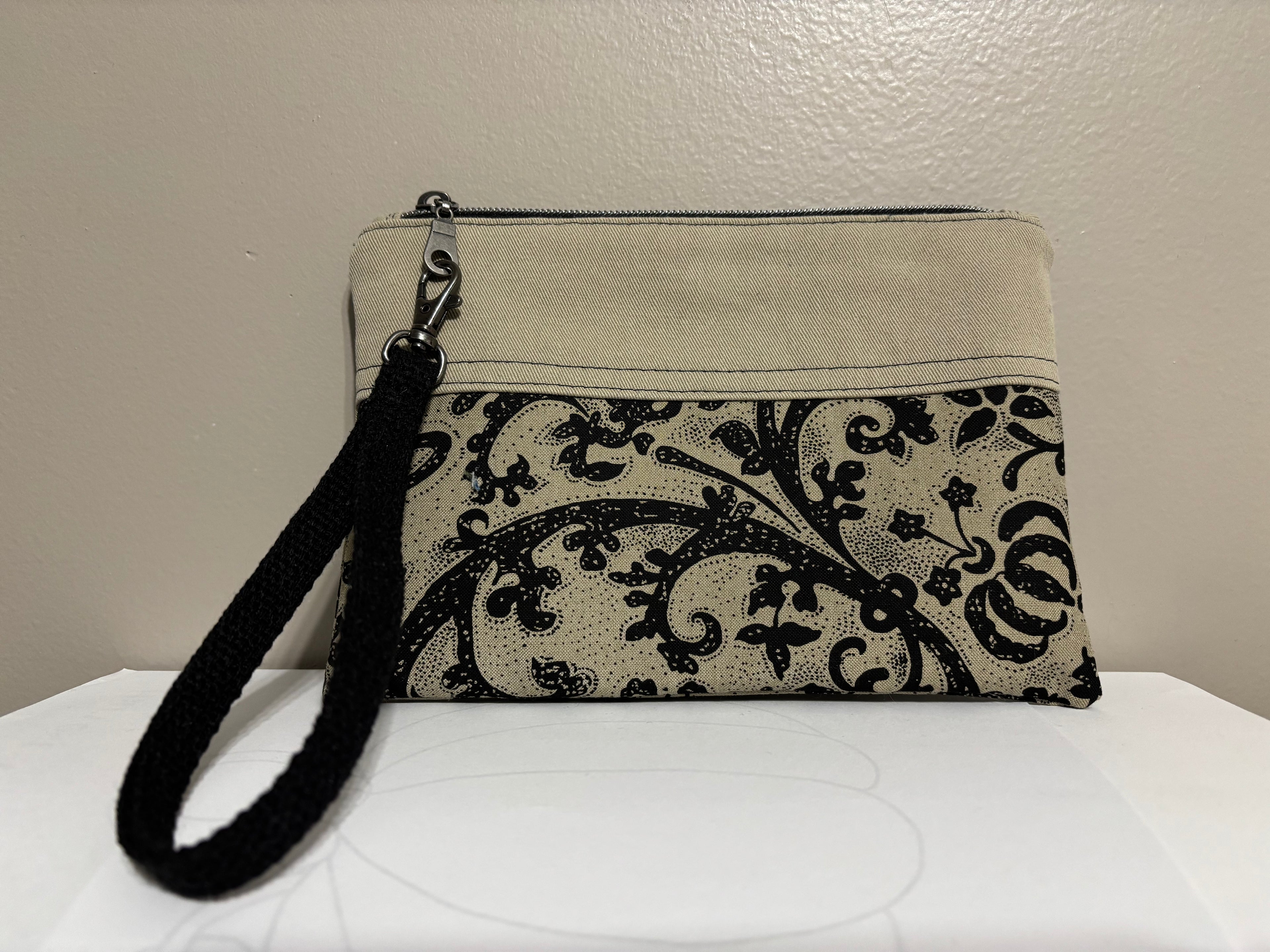 Wristlet from Upcycled Tan Denim and Black Paisley Canvas