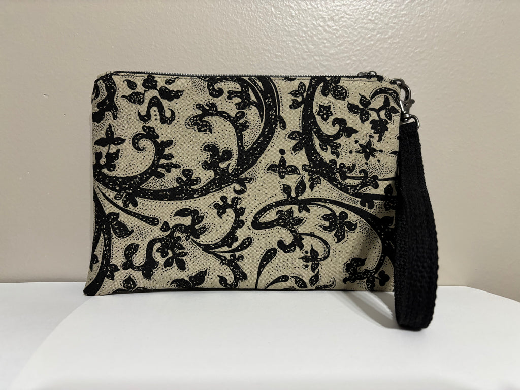Wristlet from Upcycled Tan Denim and Black Paisley Canvas