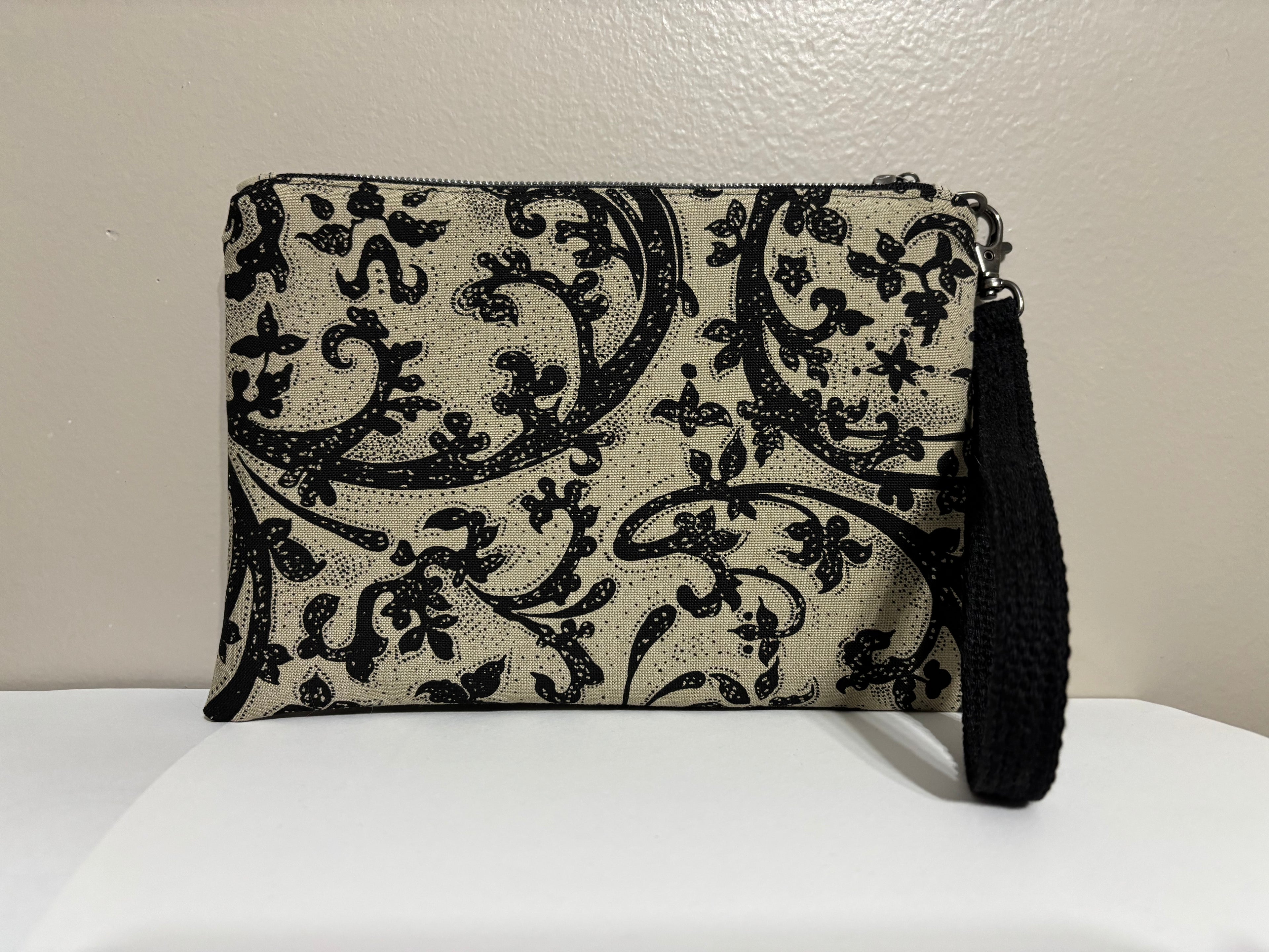Wristlet from Upcycled Tan Denim and Black Paisley Canvas