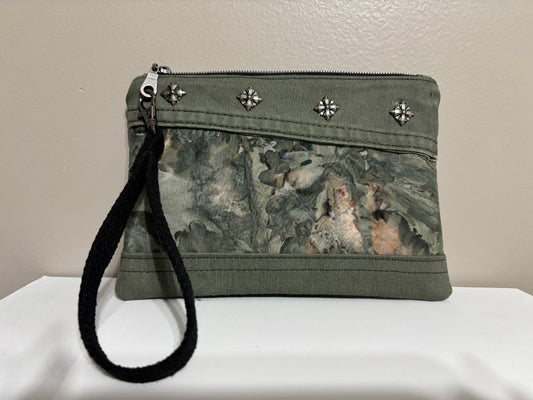 Wristlet from Upcycled Khaki Green Denim Parts with Camo Marbled Batik Fabric