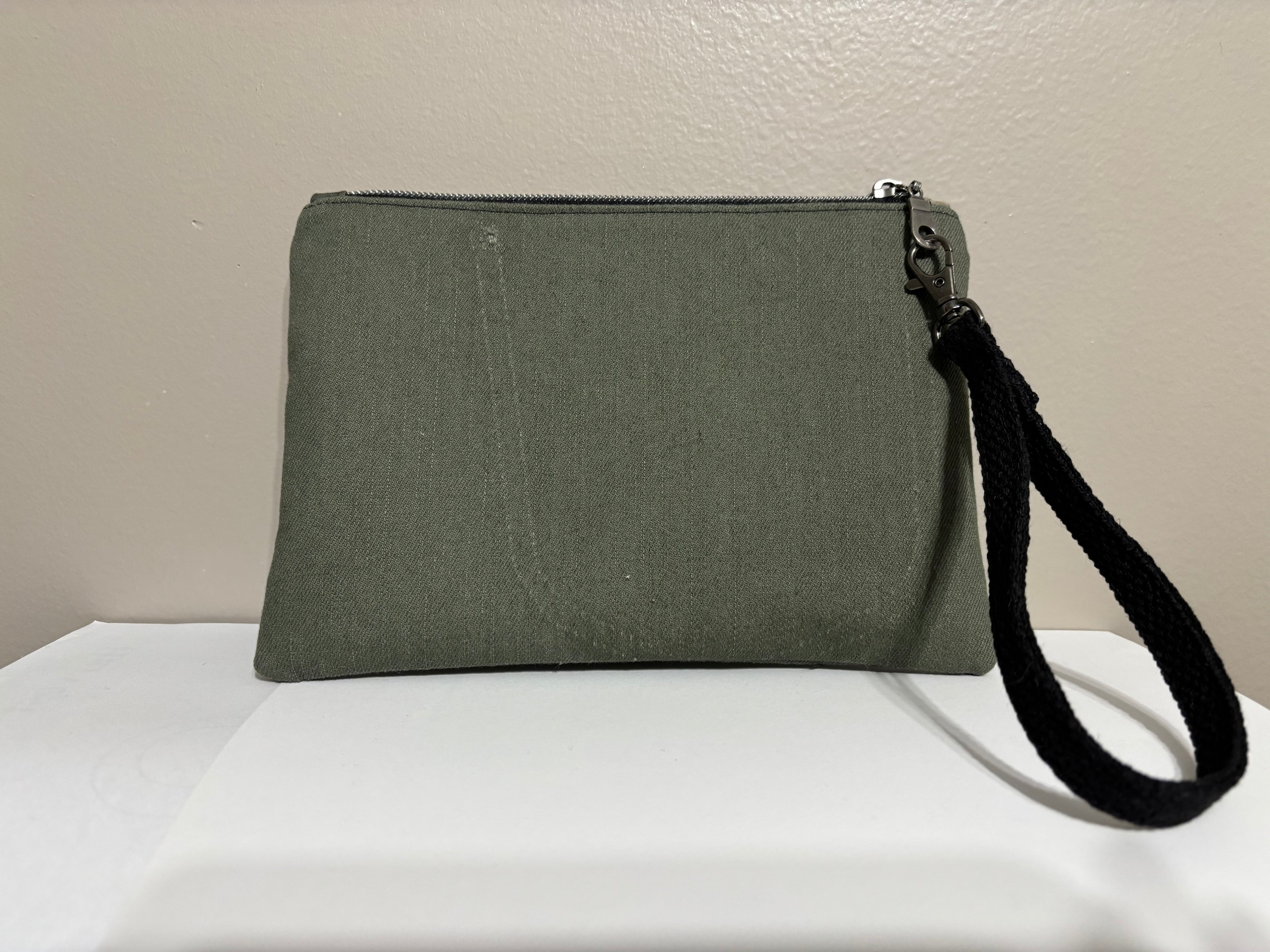 Wristlet from Upcycled Khaki Green Denim Parts with Camo Marbled Batik Fabric