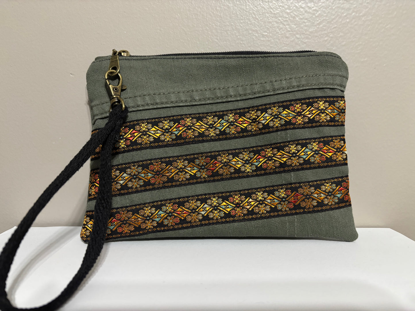 Wristlet from Upcycled Khaki Green Denim Parts with Gold Ribbon