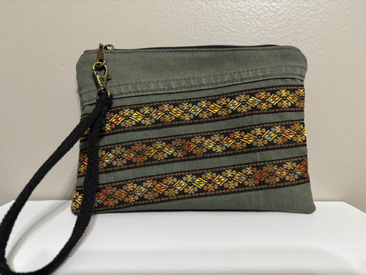 Wristlet from Upcycled Khaki Green Denim Parts with Gold Ribbon