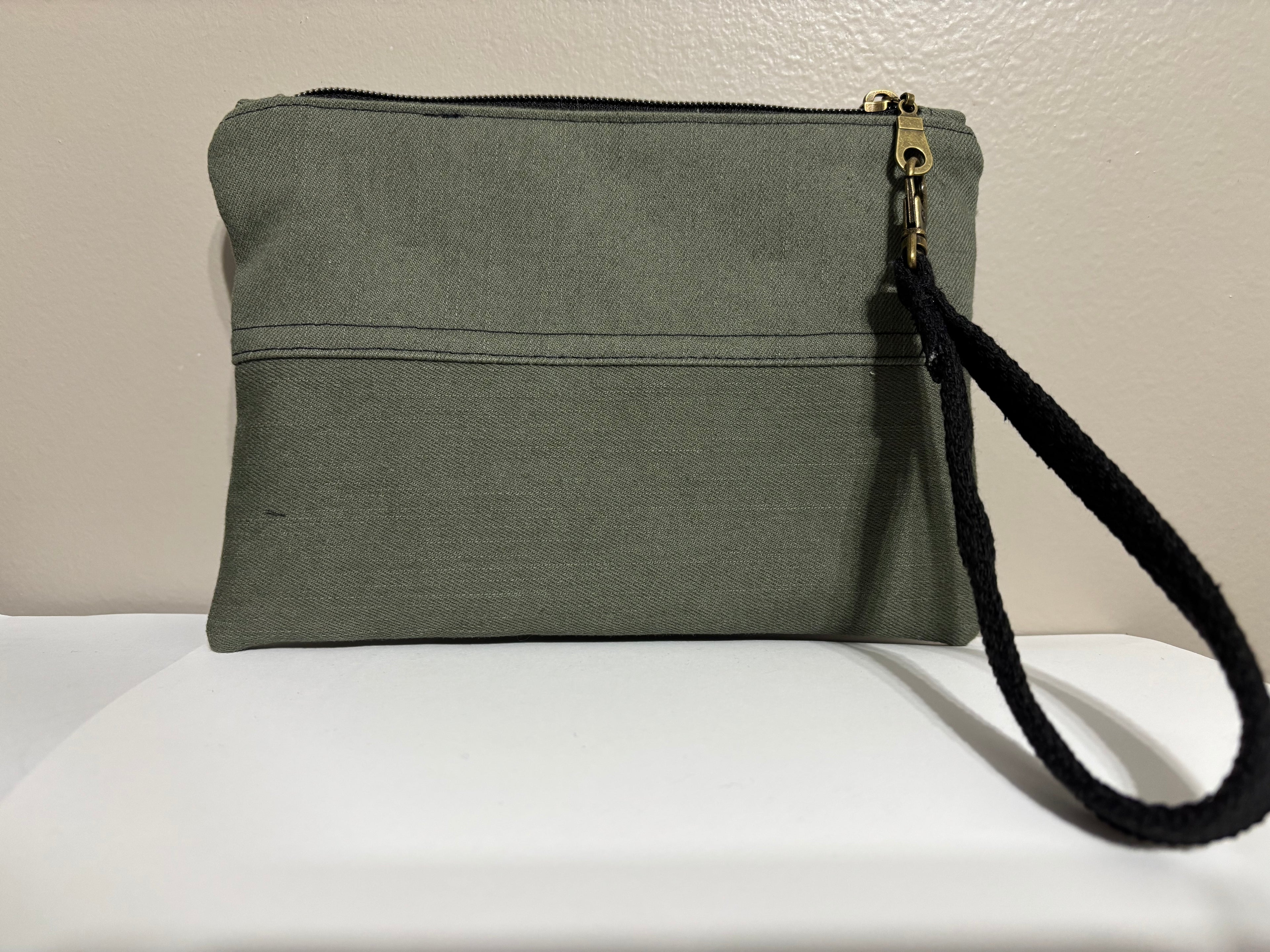 Wristlet from Upcycled Khaki Green Denim Parts with Gold Ribbon