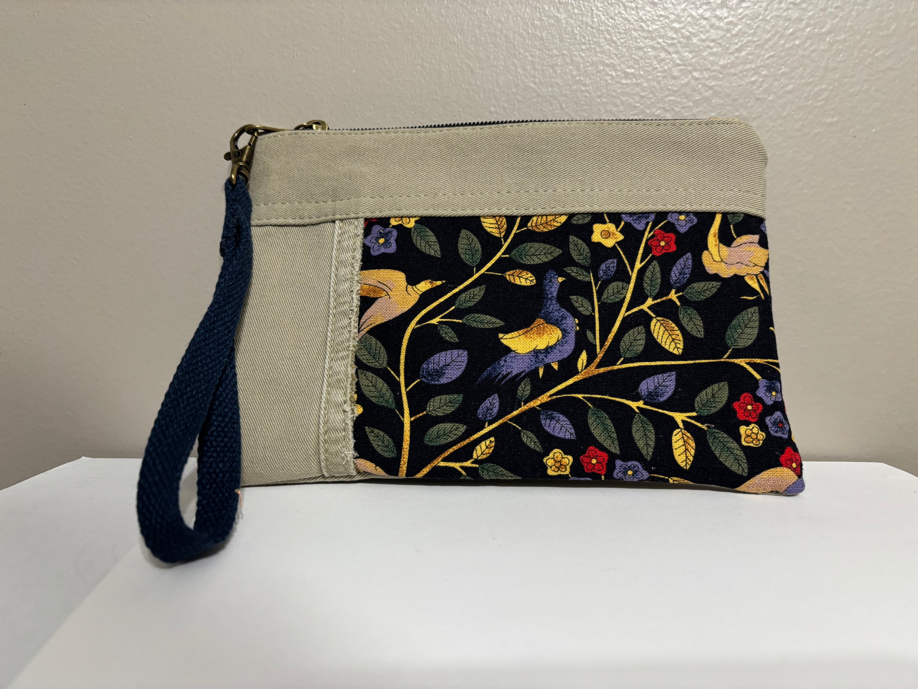 Wristlet from Upcycled Tan Denim Parts with Floral Fabric