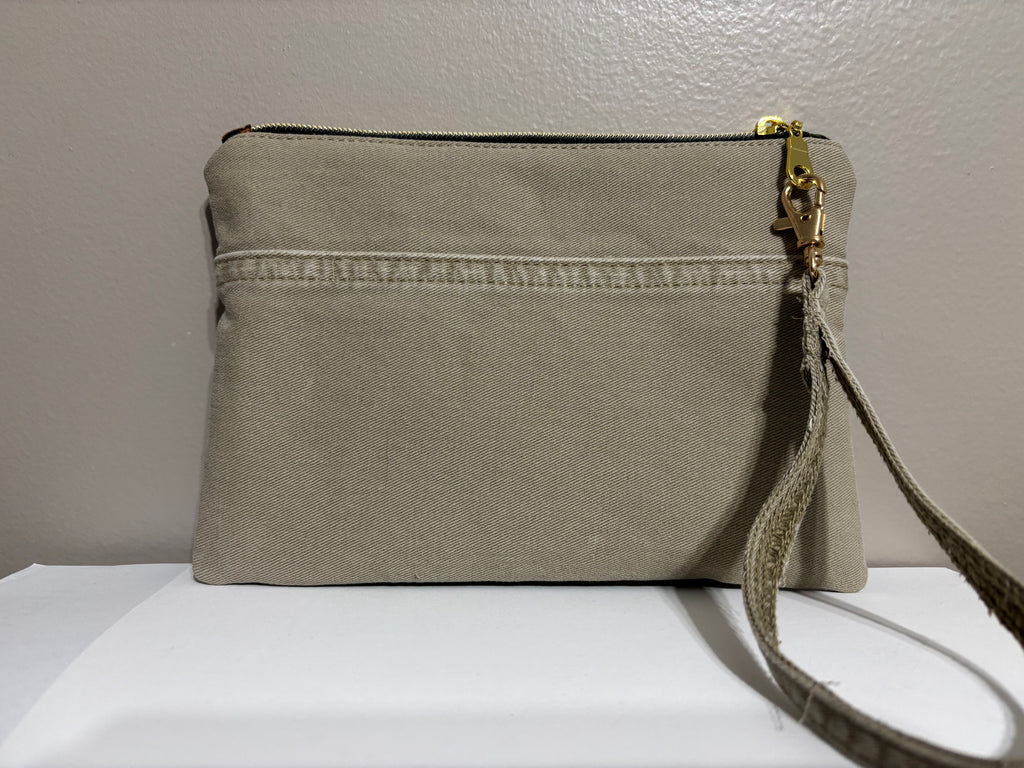 Wristlet from Upcycled Khaki Denim Jean Parts and Colorful Orange and Gold Fabric