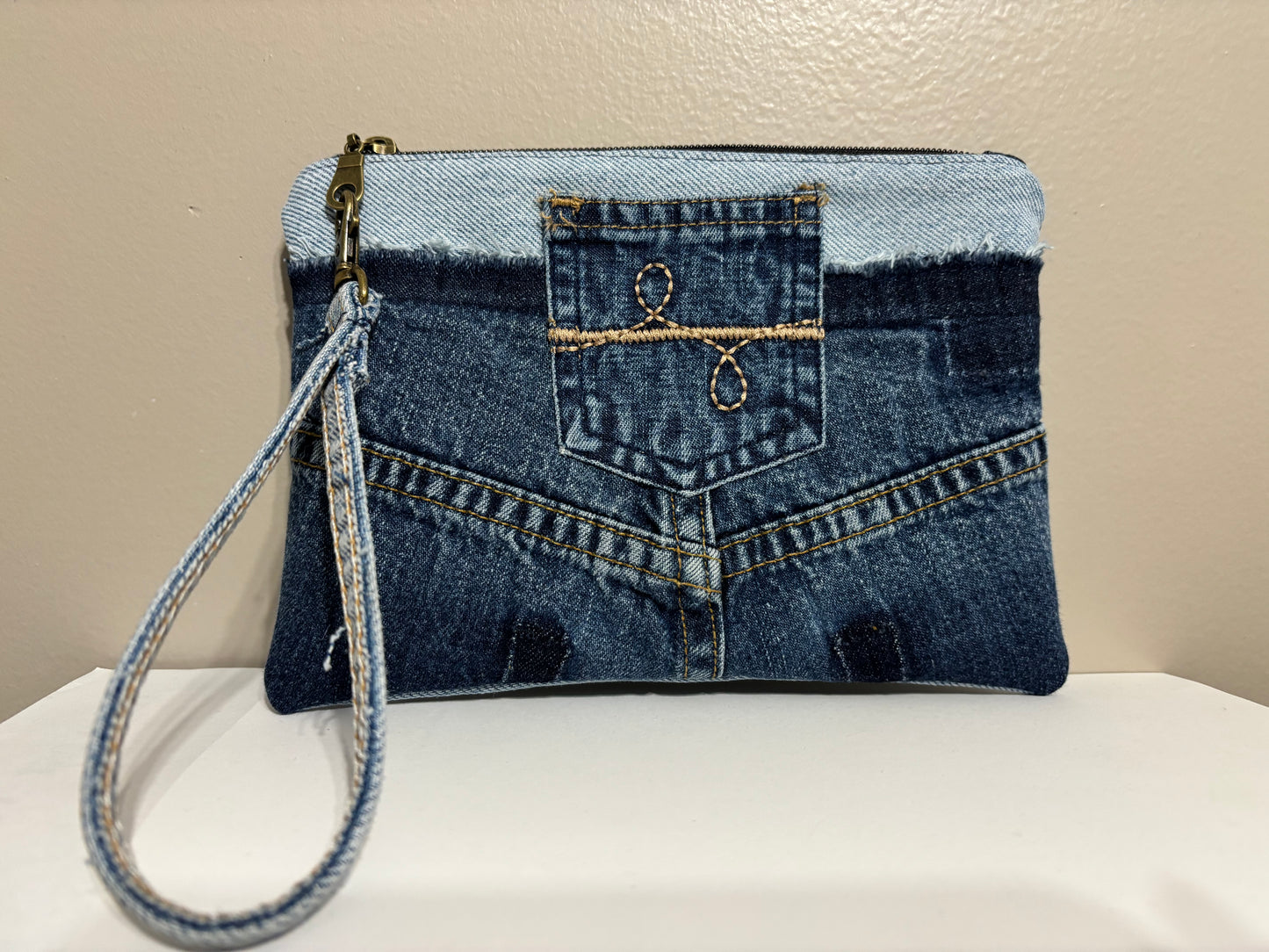 Wristlet from Upcycled Dark Blue Denim Jean Parts and Light Blue Denim