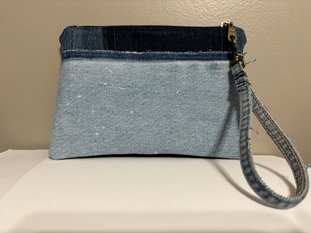 Wristlet from Upcycled Dark Blue Denim Jean Parts and Light Blue Denim