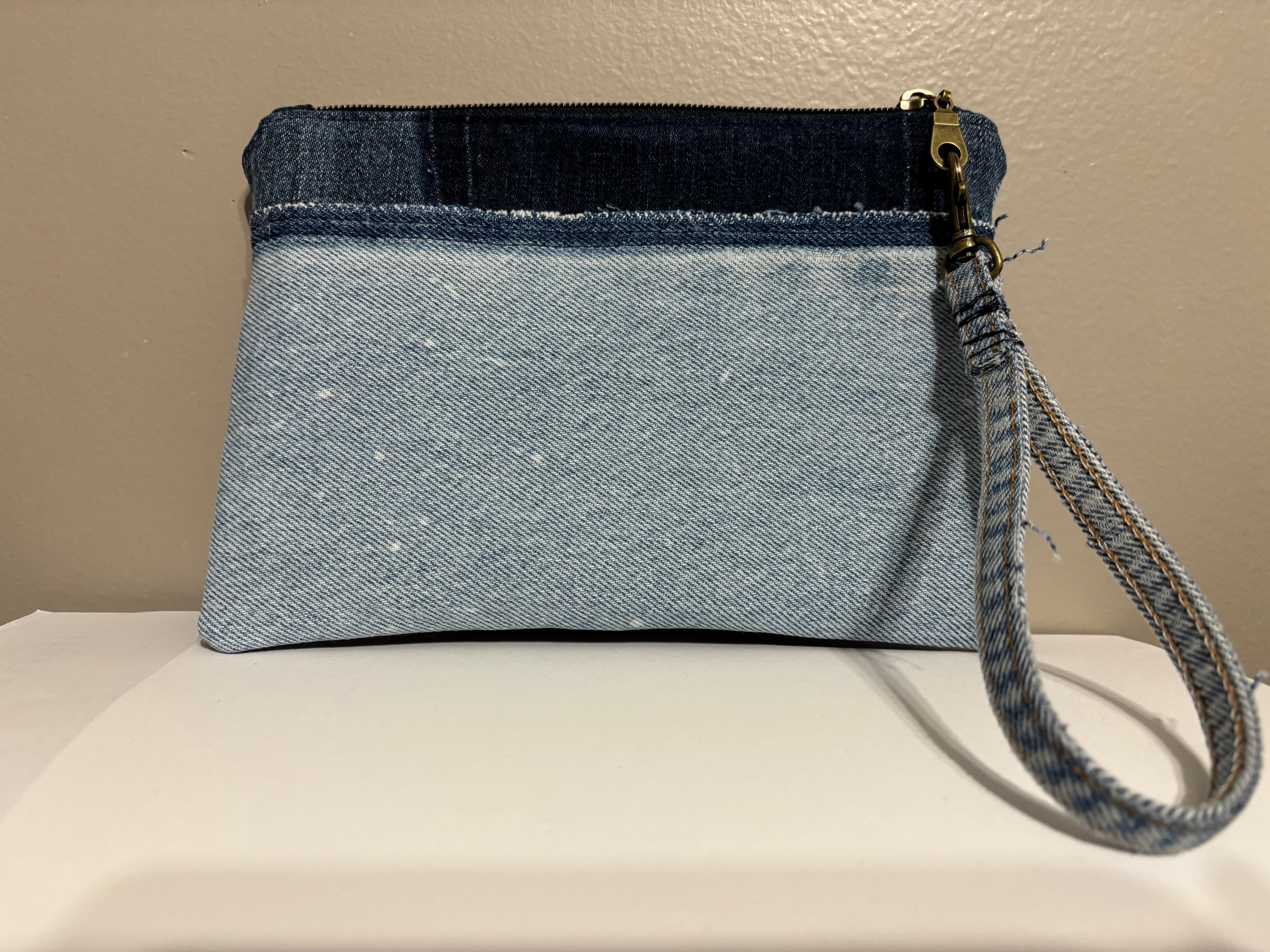 Wristlet from Upcycled Dark Blue Denim Jean Parts and Light Blue Denim
