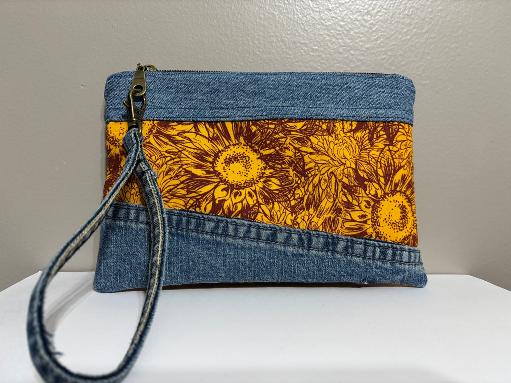 Wristlet from Upcycled Denim and Rust/Golden Yellow Sunflowers