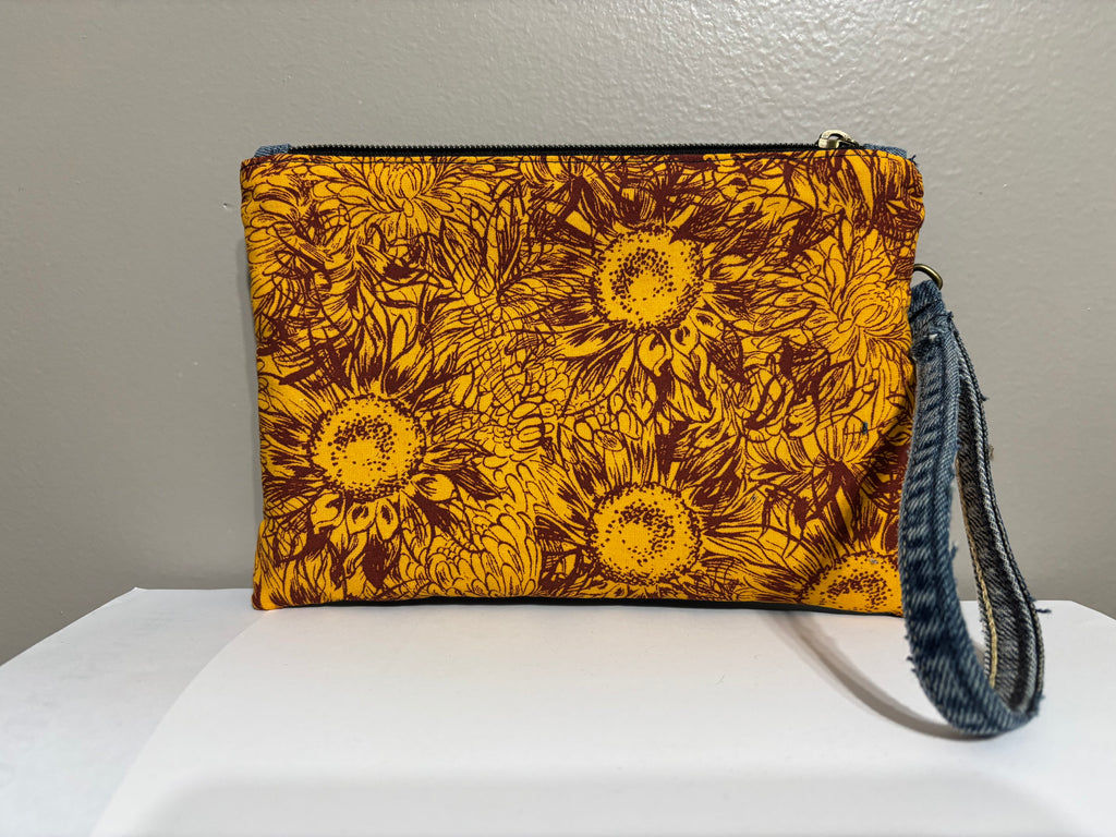 Wristlet from Upcycled Denim and Rust/Golden Yellow Sunflowers