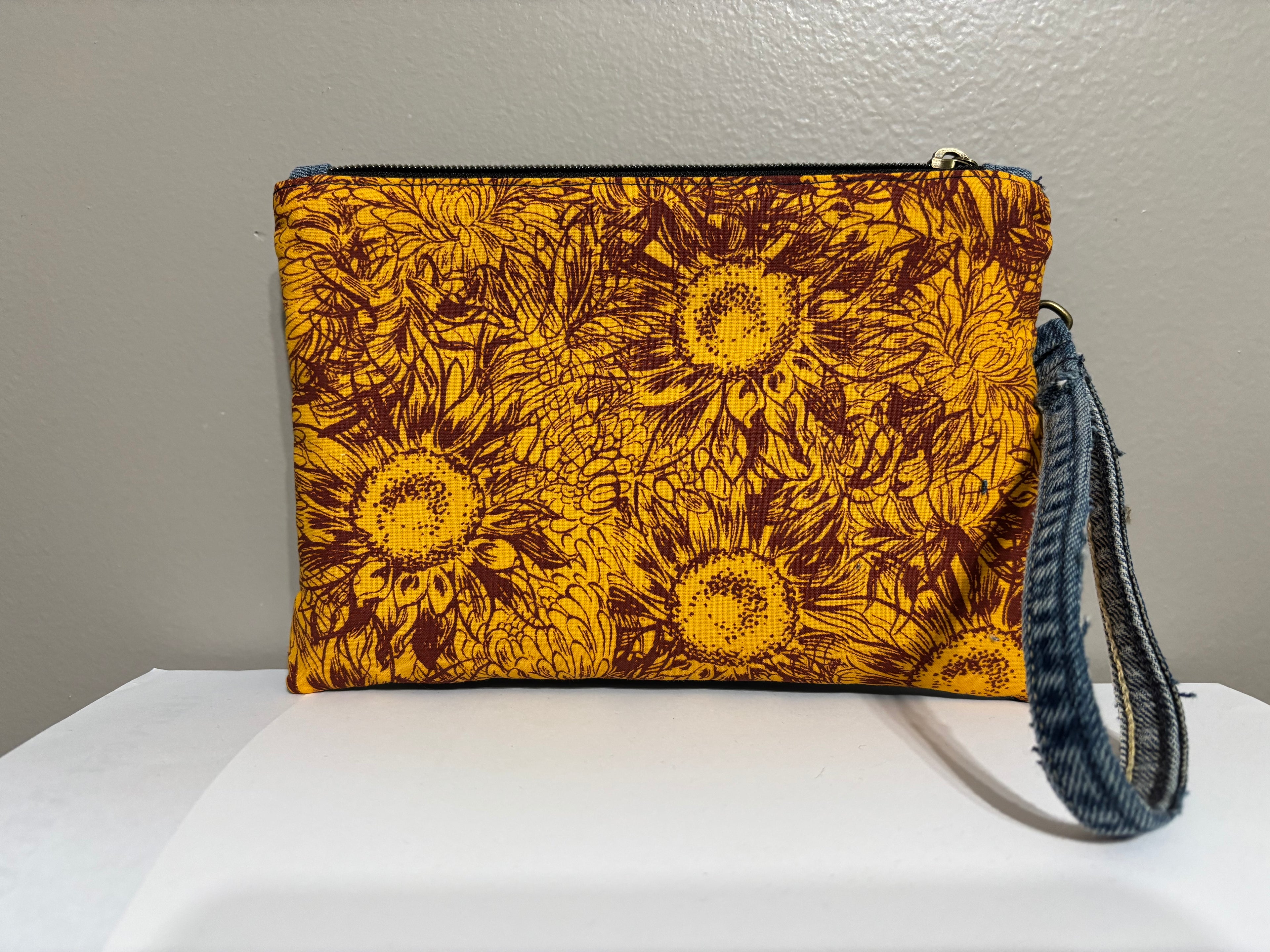 Wristlet from Upcycled Denim and Rust/Golden Yellow Sunflowers