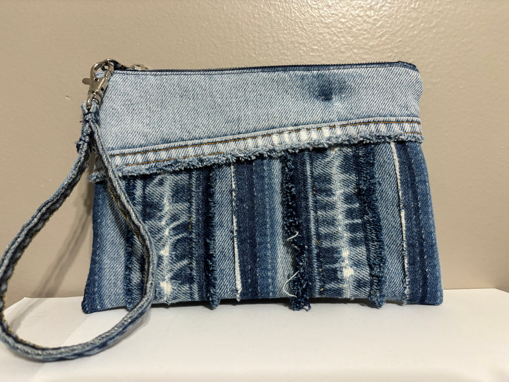 Wristlet from Upcycled Blue Denim Parts From Multiple Shades of Blue