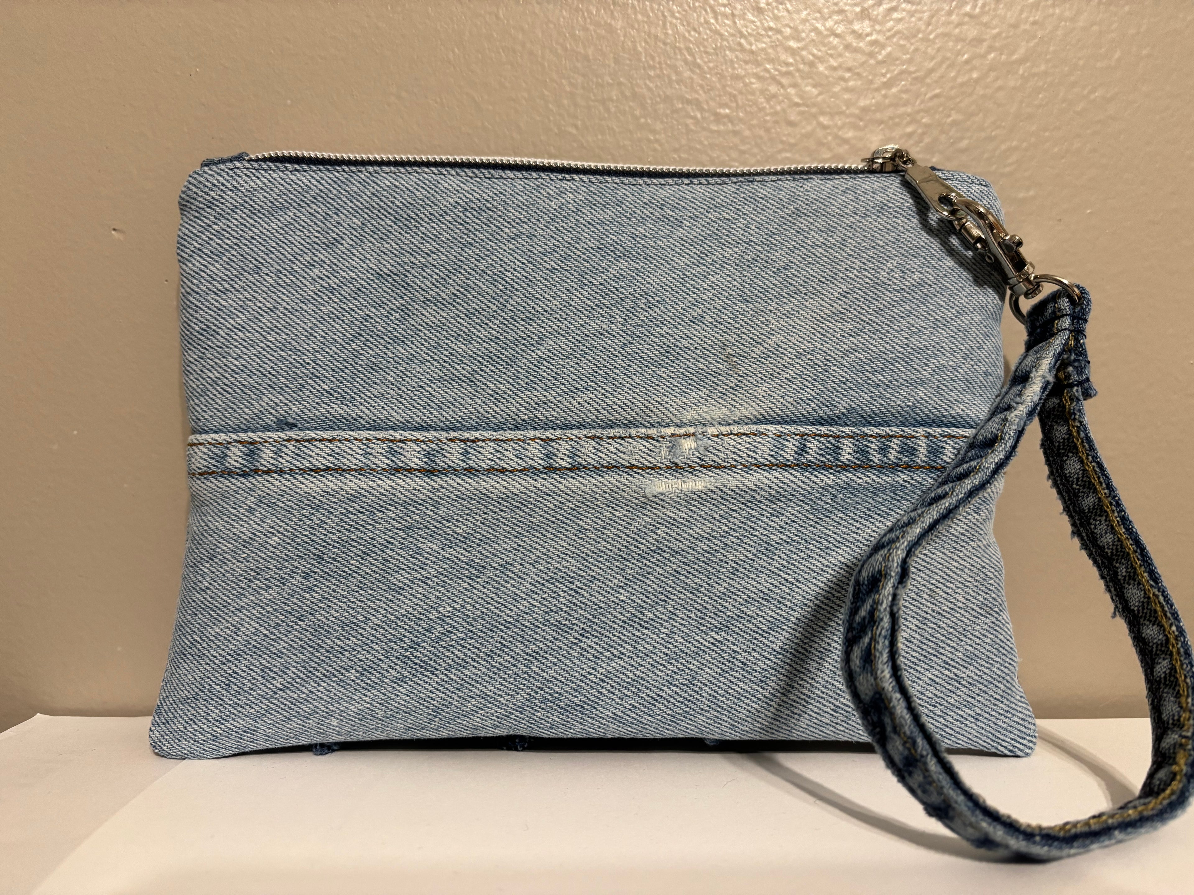 Wristlet from Upcycled Blue Denim Parts From Multiple Shades of Blue