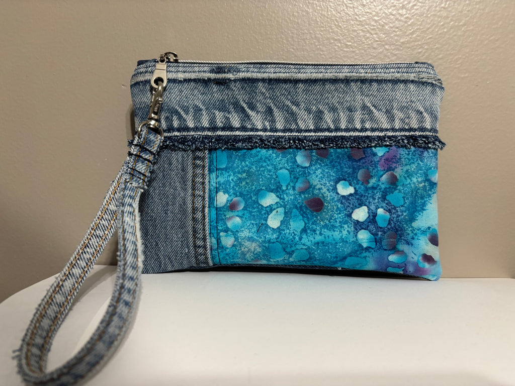 Wristlet from Upcycled Blue Denim Jean Parts and Bright Turquoise Batik Fabric