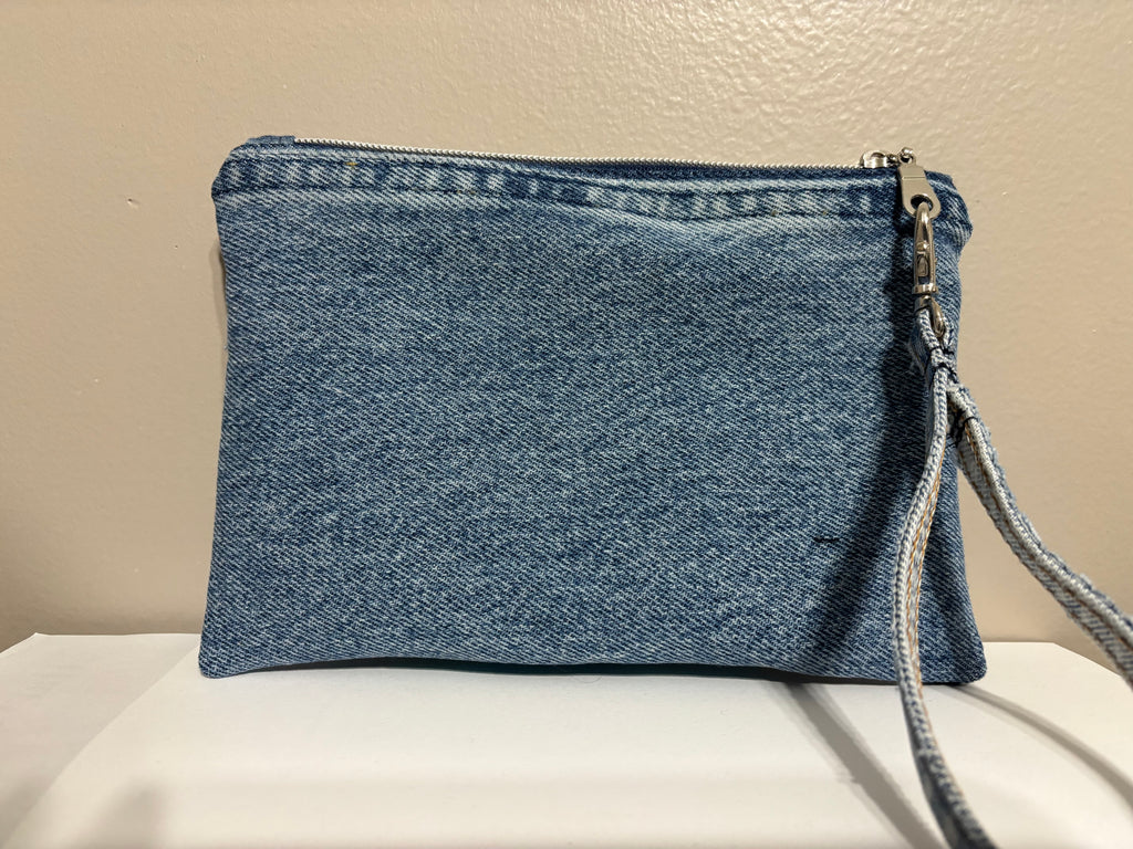Wristlet from Upcycled Blue Denim Jean Parts and Bright Turquoise Batik Fabric