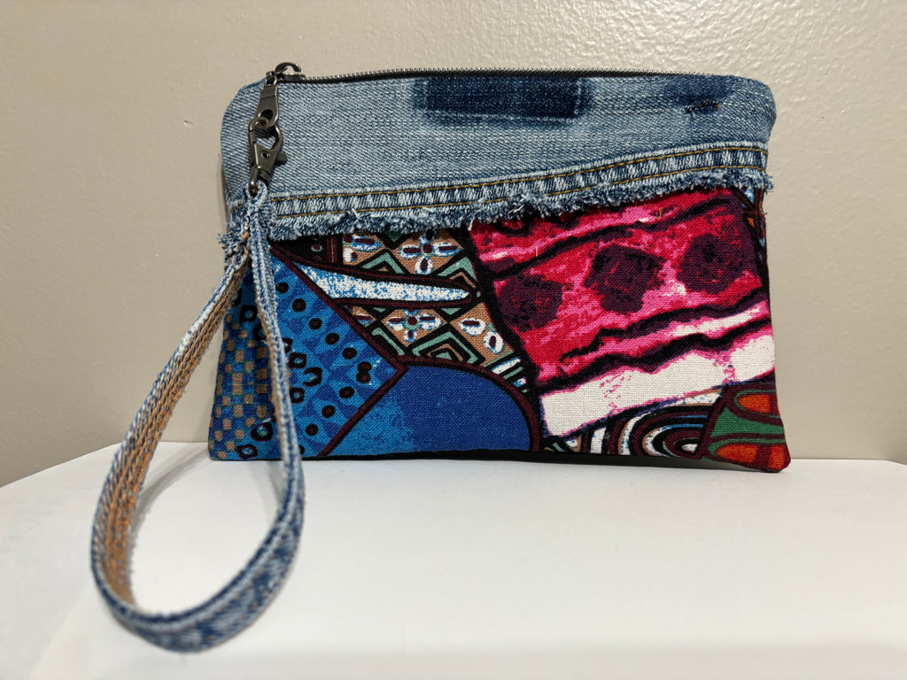 Wristlet from Upcycled Blue Denim Parts and Fun Tribal Fabric