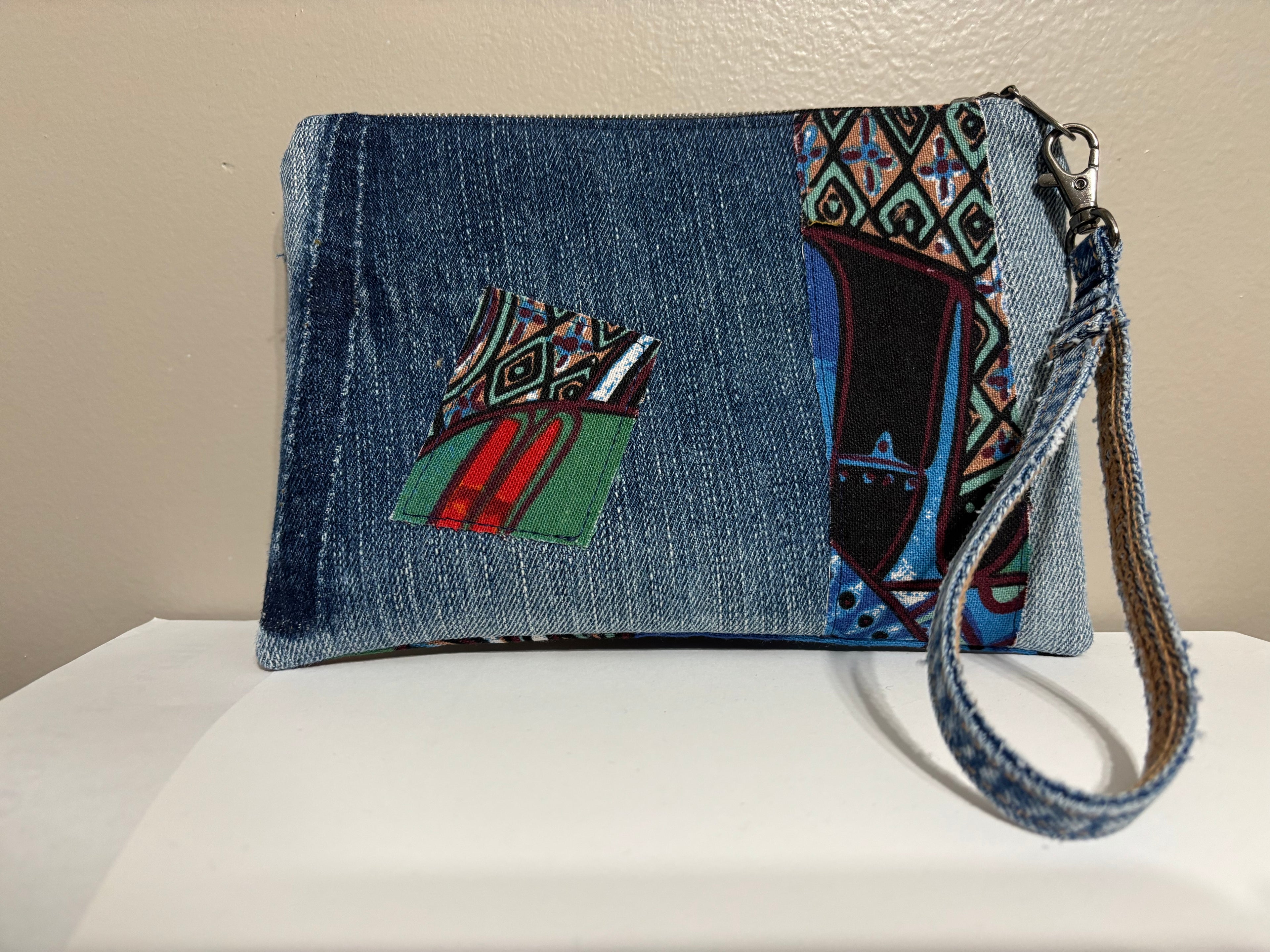 Wristlet from Upcycled Blue Denim Parts and Fun Tribal Fabric