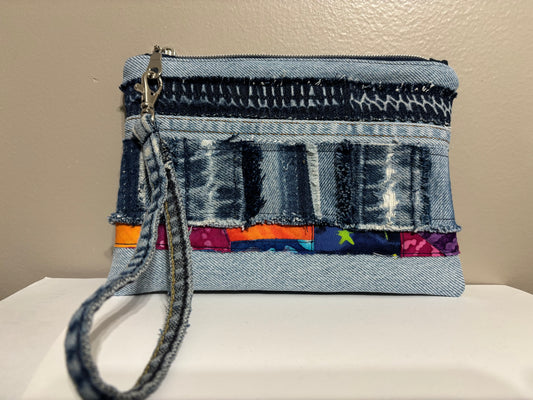 Wristlet from Upcycled Denim Parts and Colorful Patchwork Accent