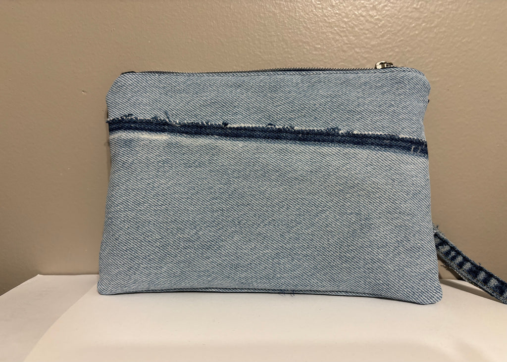 Wristlet from Upcycled Denim Parts and Colorful Patchwork Accent