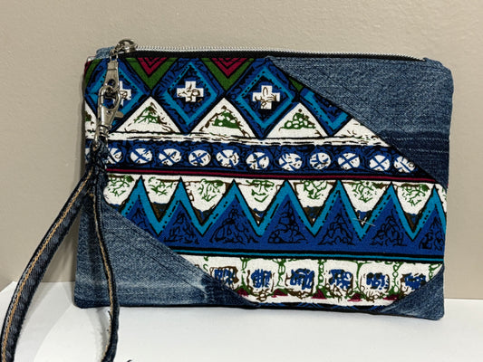 Wristlet from Upcycled Blue Denim Parts and Tribal Fabric