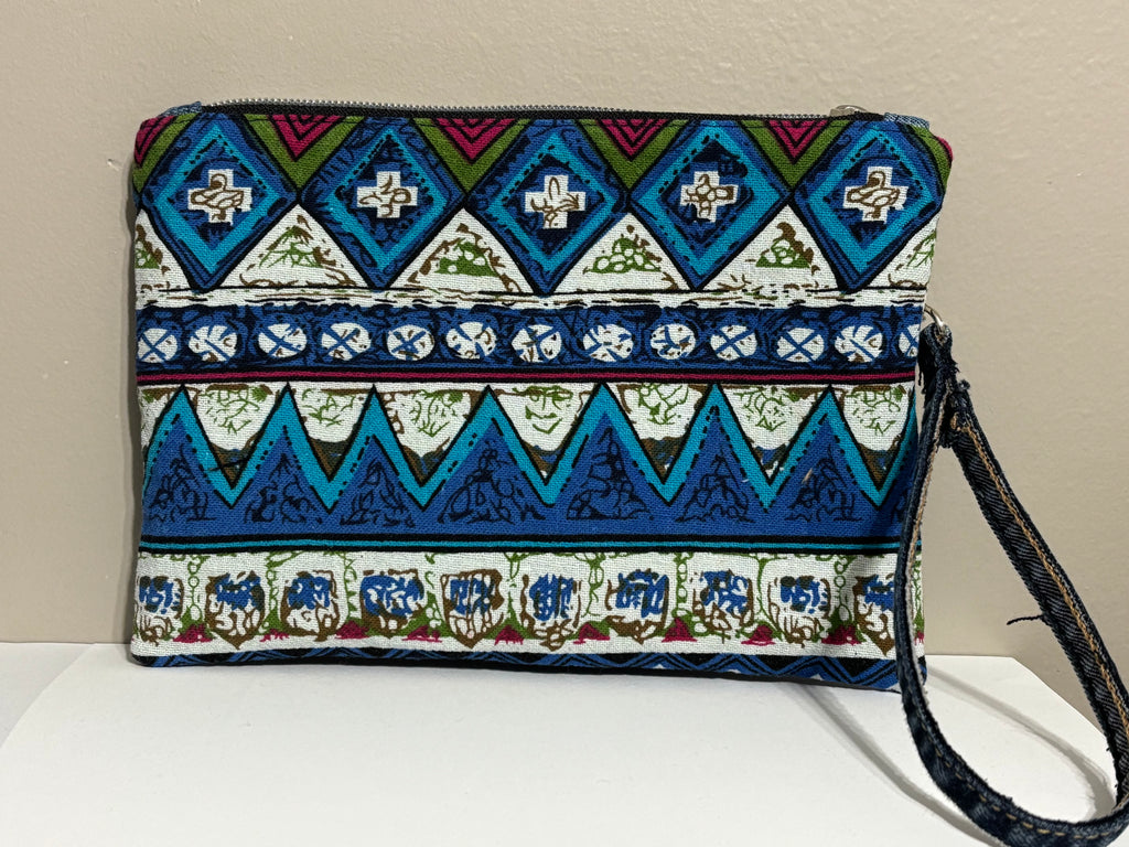Wristlet from Upcycled Blue Denim Parts and Tribal Fabric
