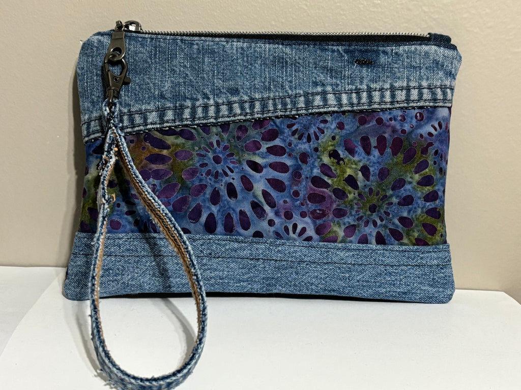 Wristlet from Upcycled Blue Denim Jean Parts and Purple Batik Fabric