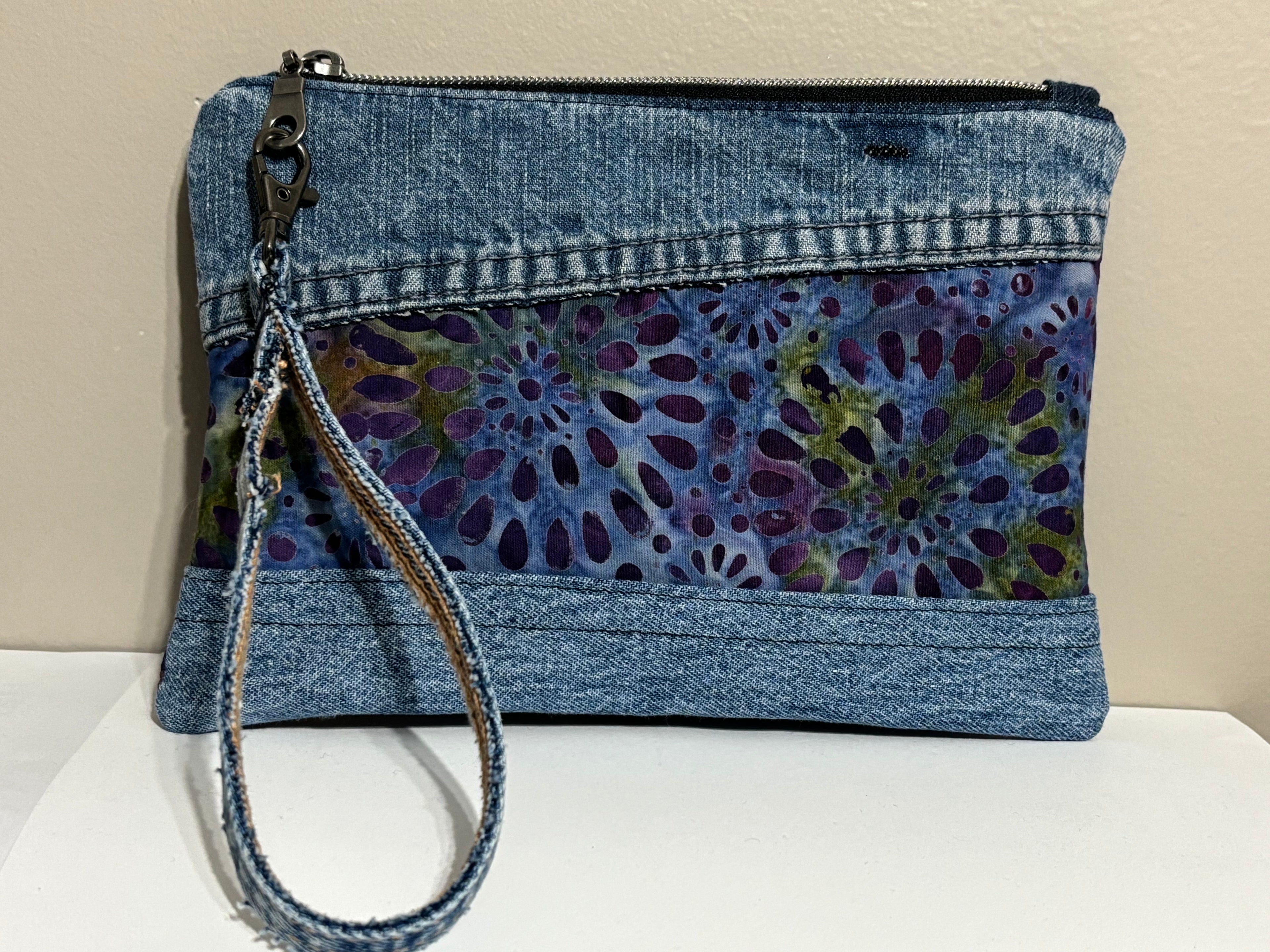 Wristlet from Upcycled Blue Denim Jean Parts and Purple Batik Fabric