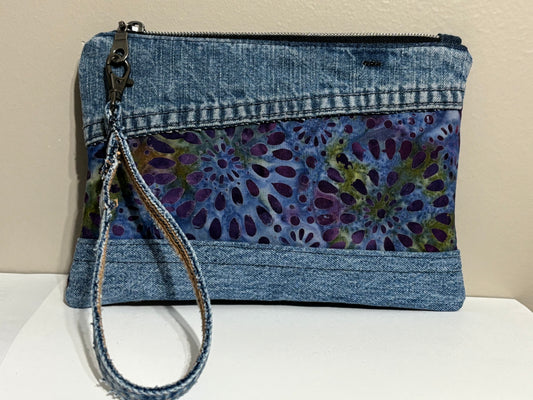 Wristlet from Upcycled Blue Denim Jean Parts and Purple Batik Fabric