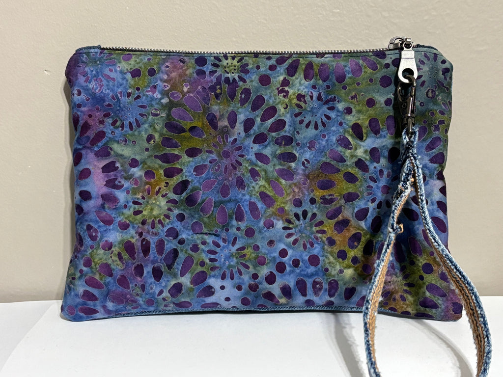 Wristlet from Upcycled Blue Denim Jean Parts and Purple Batik Fabric