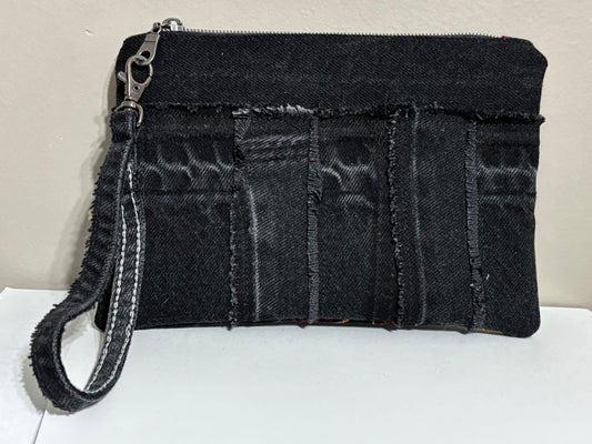 Wristlet from Upcycled Black Denim Parts and Colorful Tribal Fabric