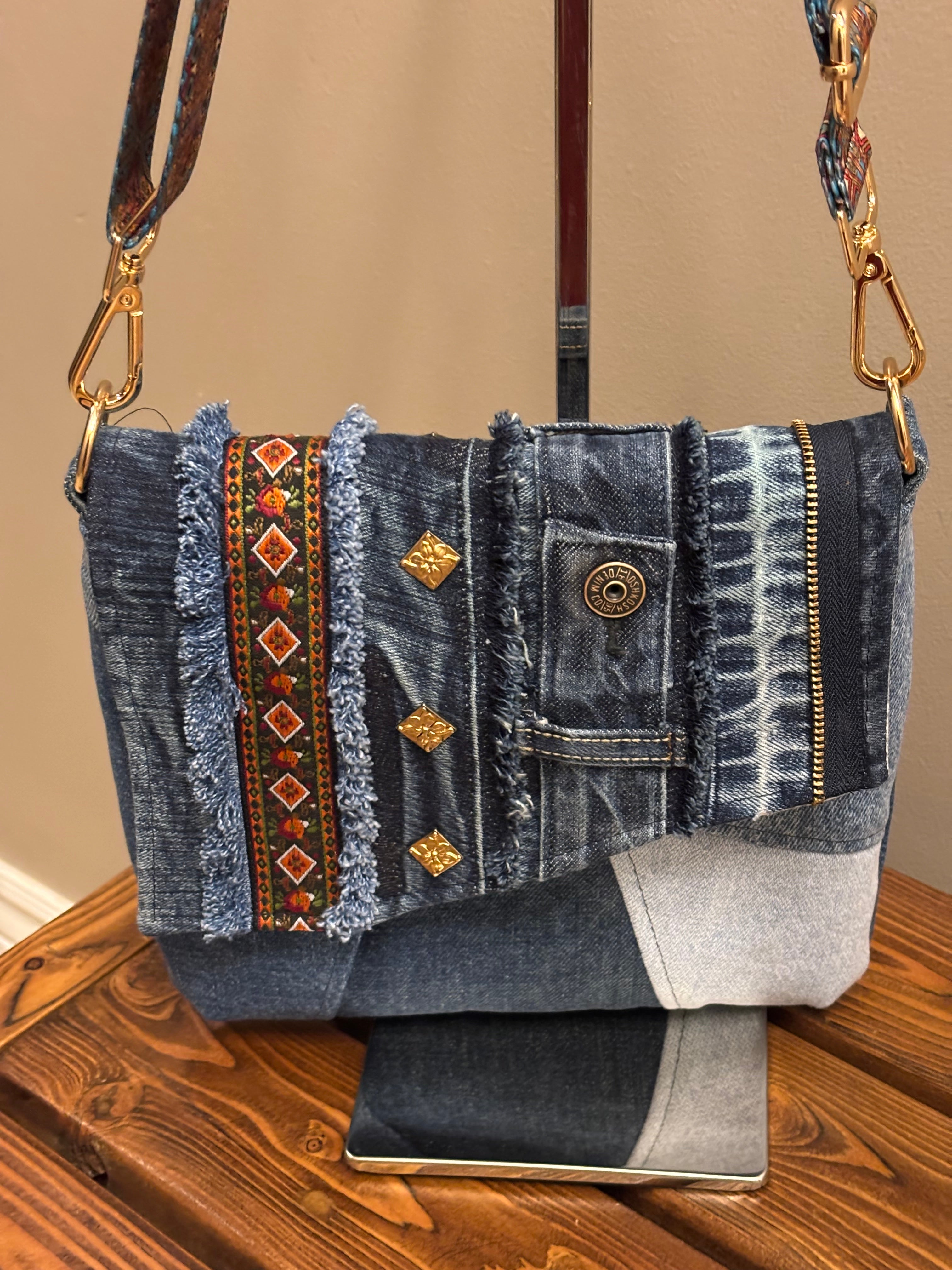 Denim Jean Upcycled Handbag with Flap and Fancy Strap