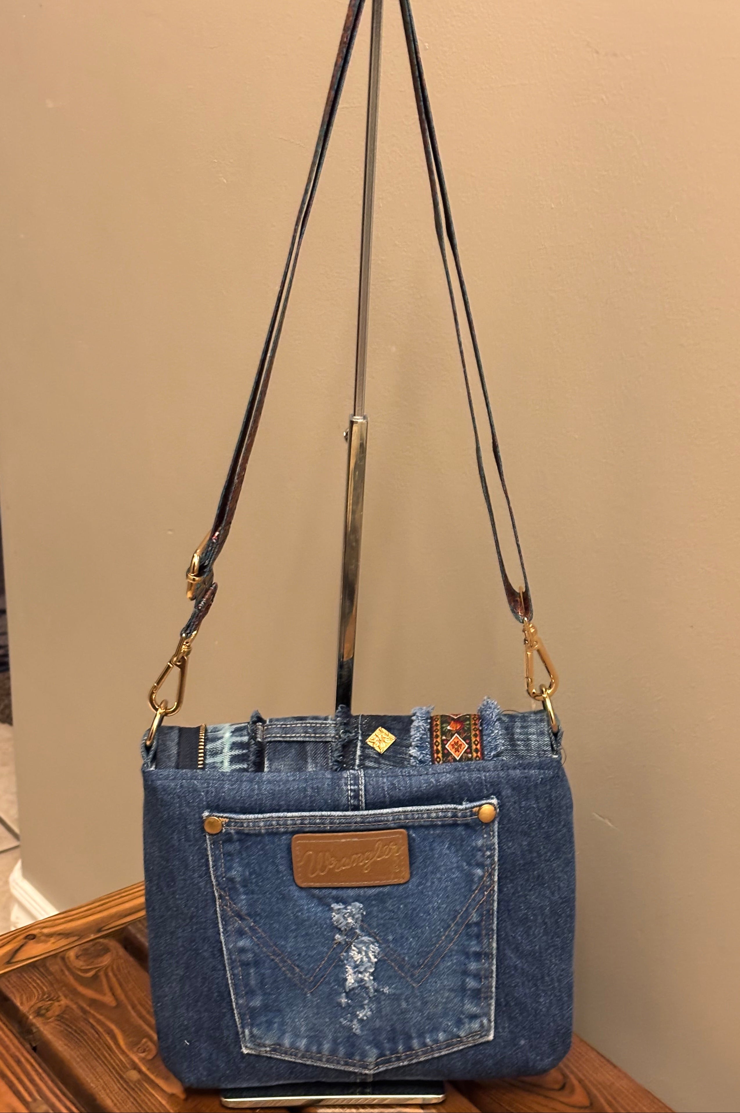 Denim Jean Upcycled Handbag with Flap and Fancy Strap