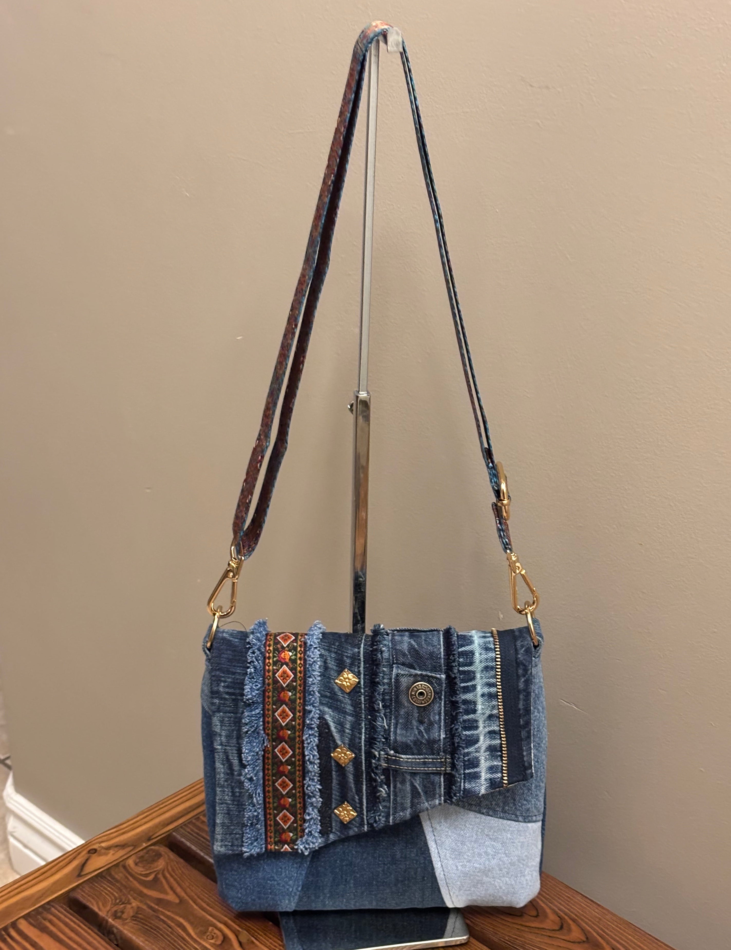 Denim Jean Upcycled Handbag with Flap and Fancy Strap