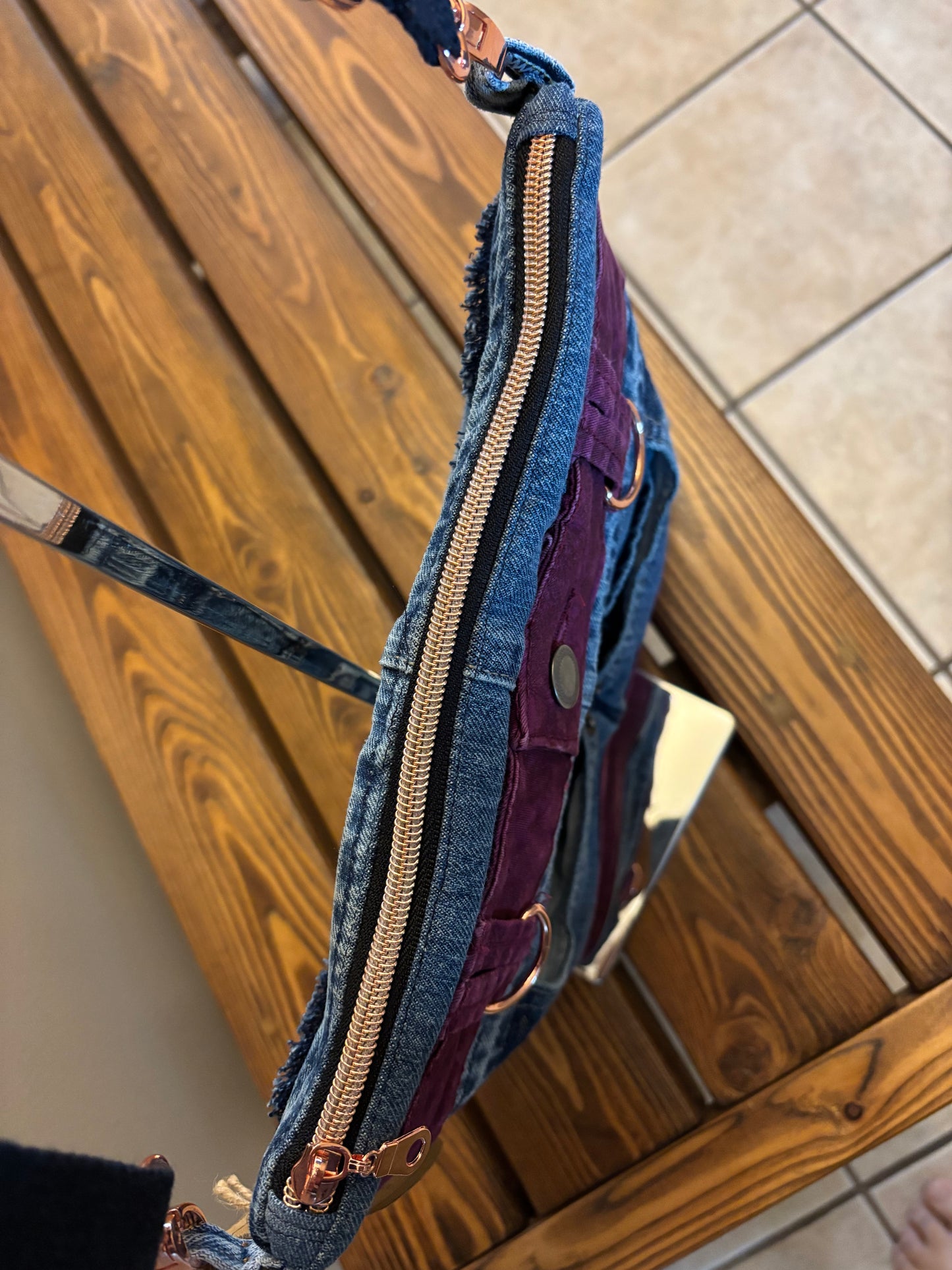 Denim Upcycled Jeans Crossbody Bag with Rose Gold Hardware