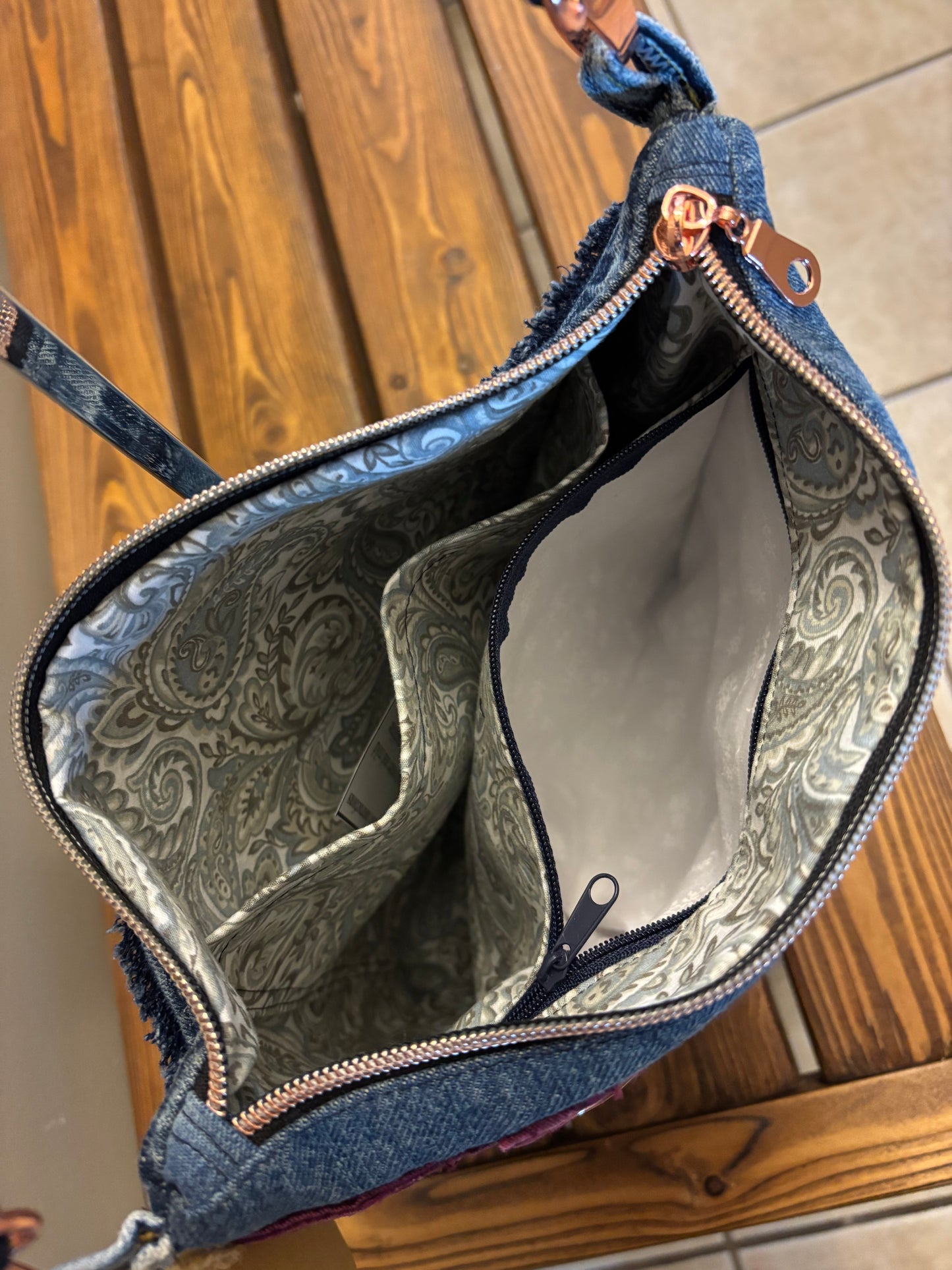 Denim Upcycled Jeans Crossbody Bag with Rose Gold Hardware