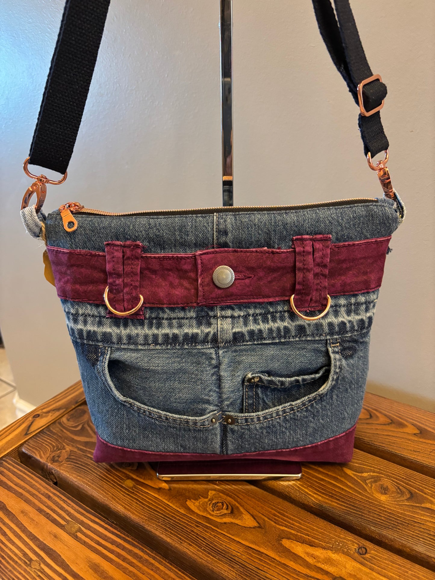 Denim Upcycled Jeans Crossbody Bag with Rose Gold Hardware