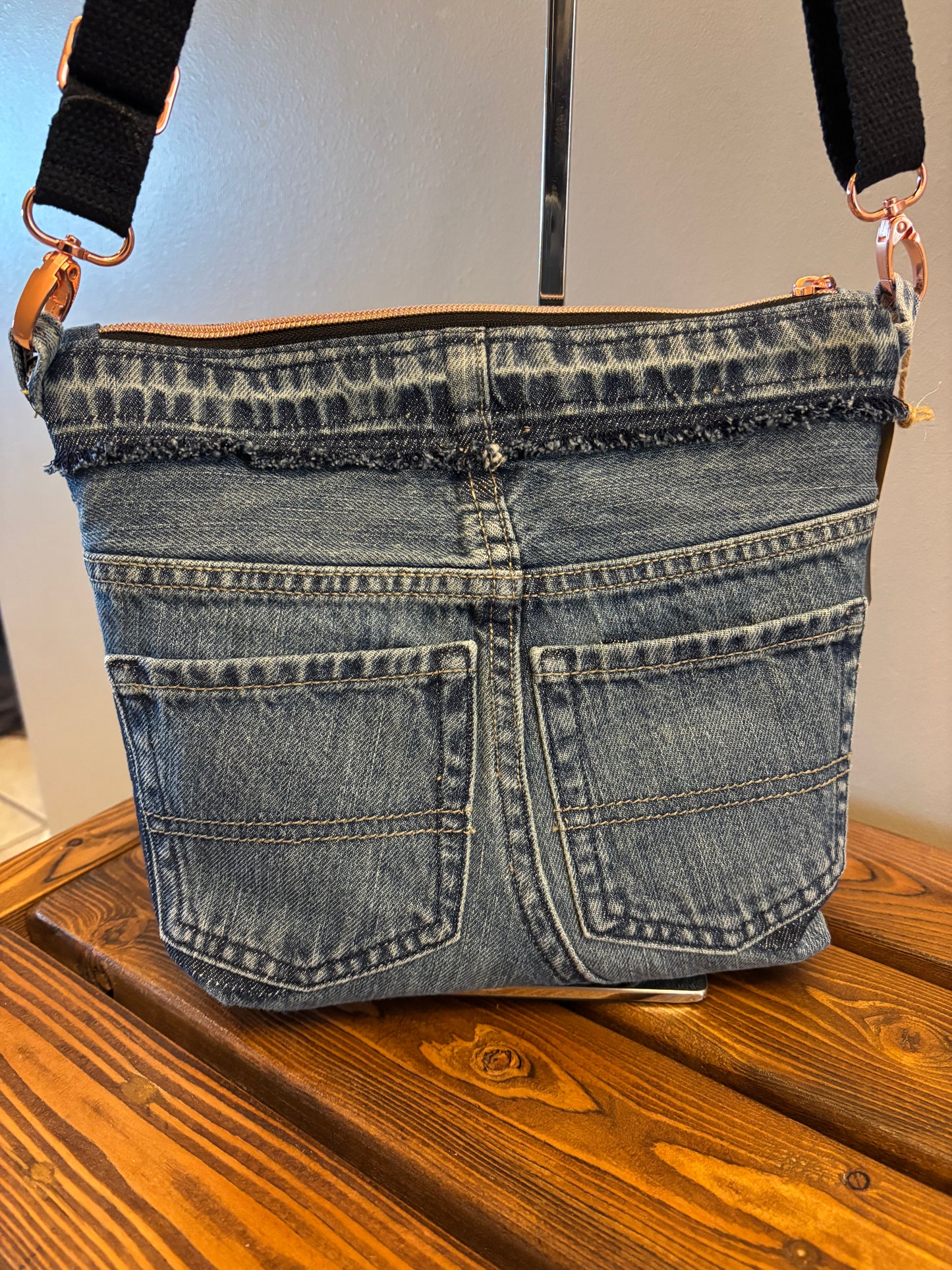 Denim Upcycled Jeans Crossbody Bag with Rose Gold Hardware