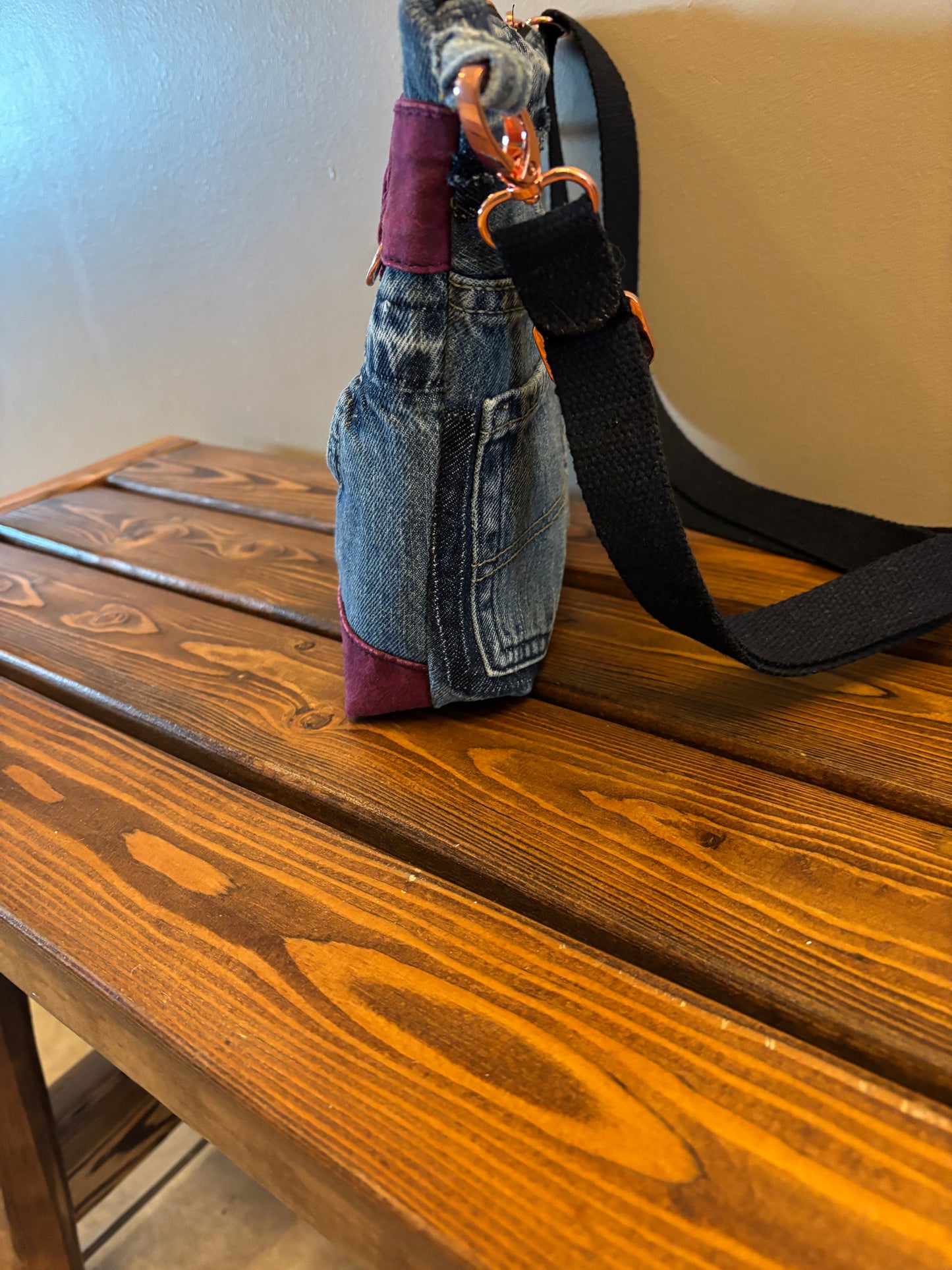 Denim Upcycled Jeans Crossbody Bag with Rose Gold Hardware