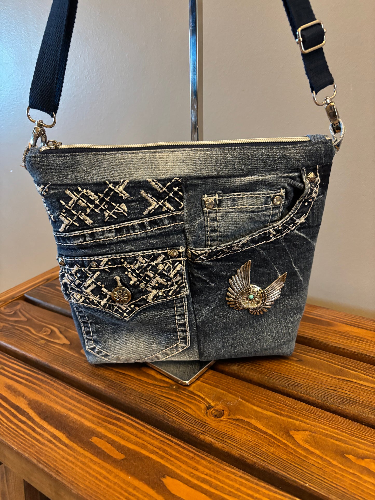 Fancy Denim Jeans Upcycled Shoulder Crossbody Handbag