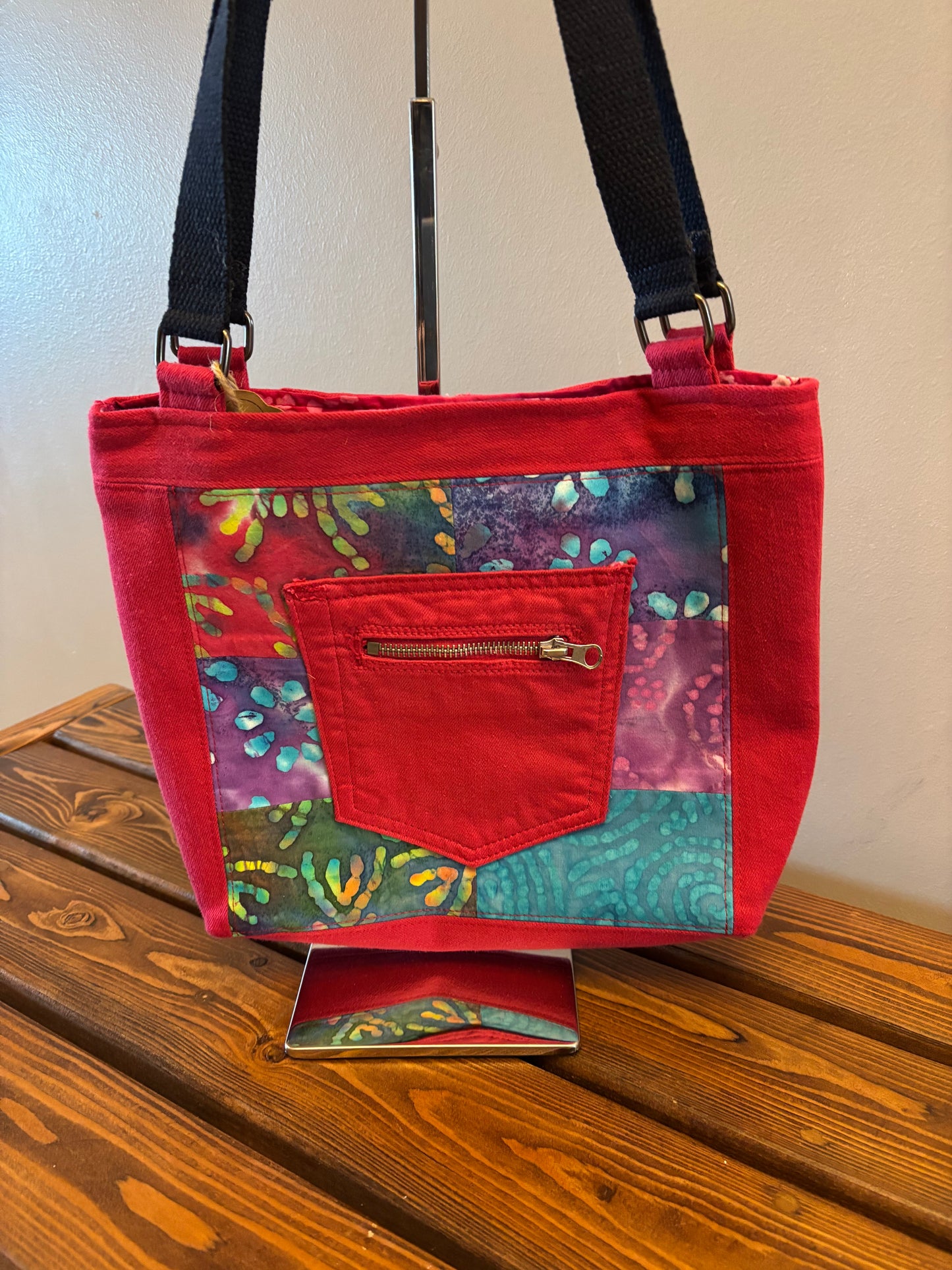 Fun Red Denim Jean Patchwork Shoulder Bag