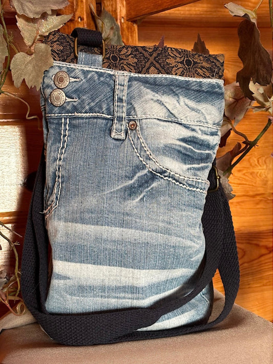 Denim Jeans Upcycled Crossbody Handbag with Upholstery Top