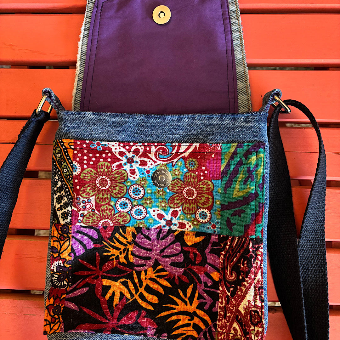 Upcycled Denim with Cotton Canvas Crossbody with Flap
