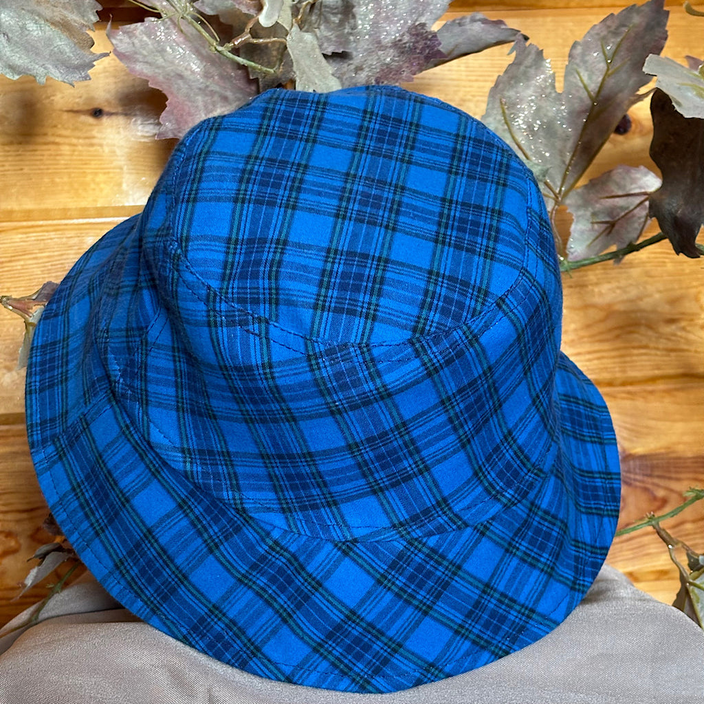Upcycled Revesible Denim Bucket Hat with Blue Plaid Cotton Lining