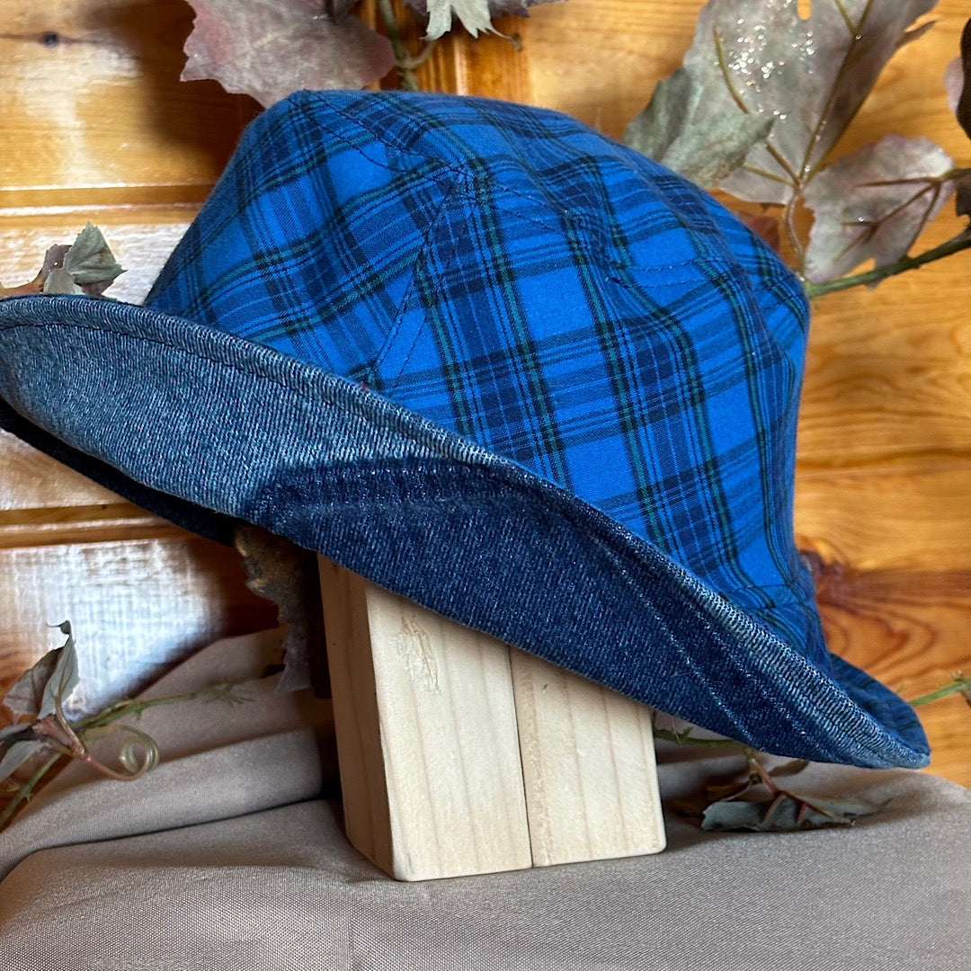 Revesible Upcycled Denim Bucket Hat with Blue Plaid Cotton Lining